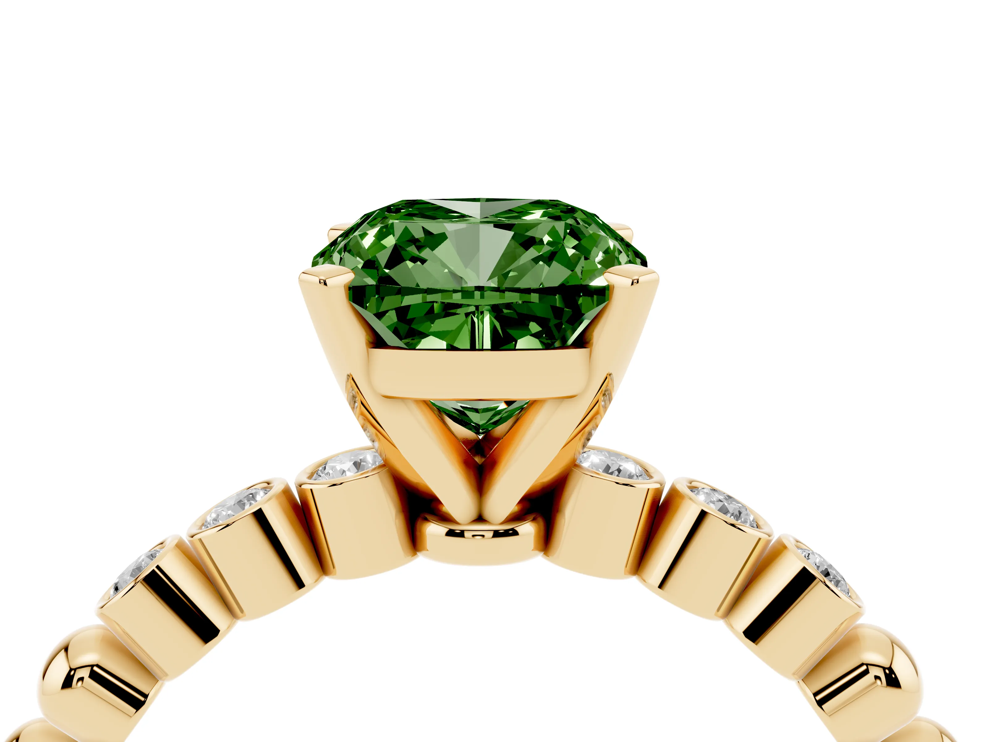 Fancy Green Cushion Cut Diamond Solitaire Engagement Ring Set in Yellow gold with Bezel Accents on Beaded Band