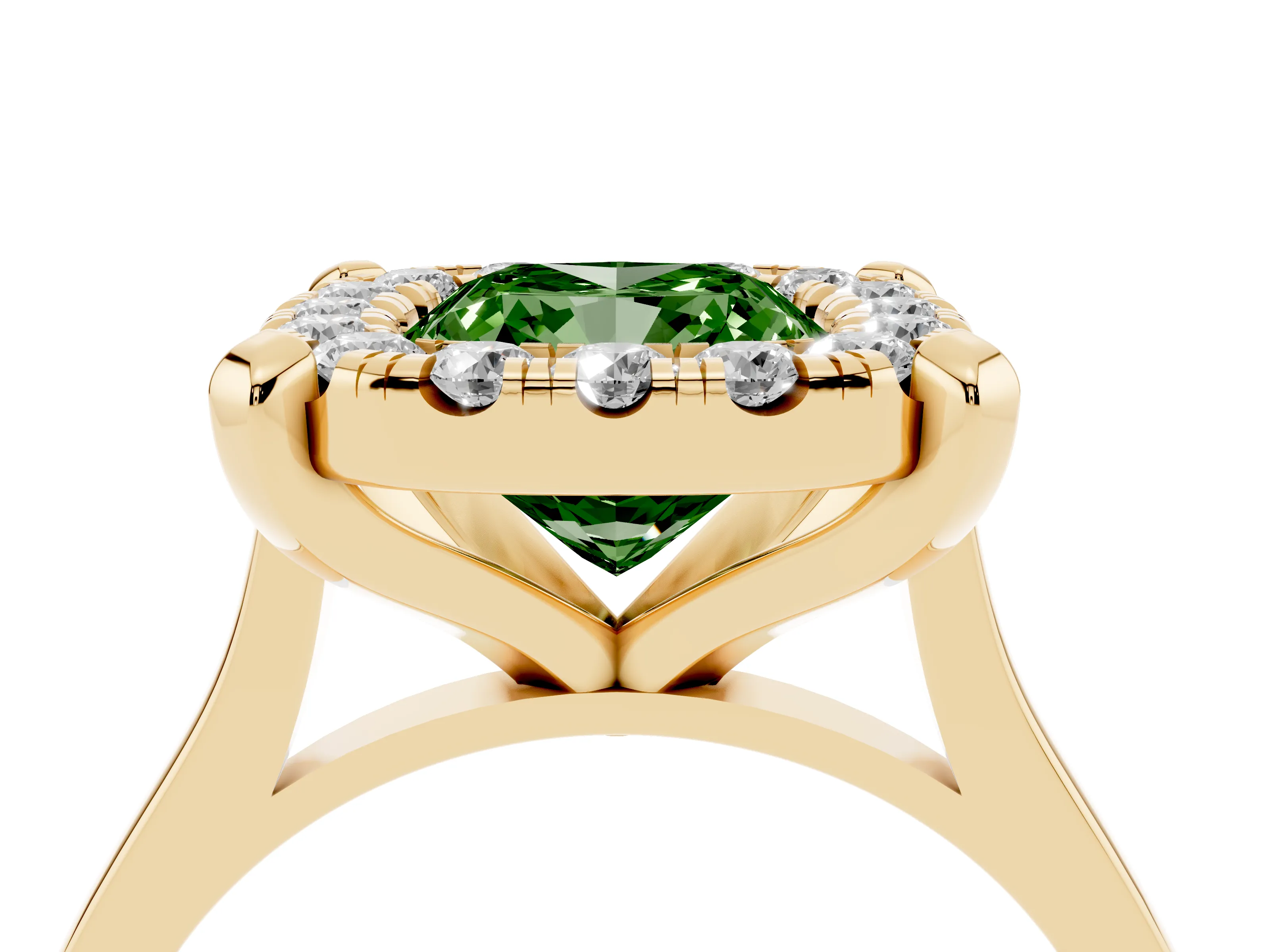 Fancy Green Cushion Cut Diamond Cluster Halo Solitaire Ring Set in Yellow gold with Prong Setting