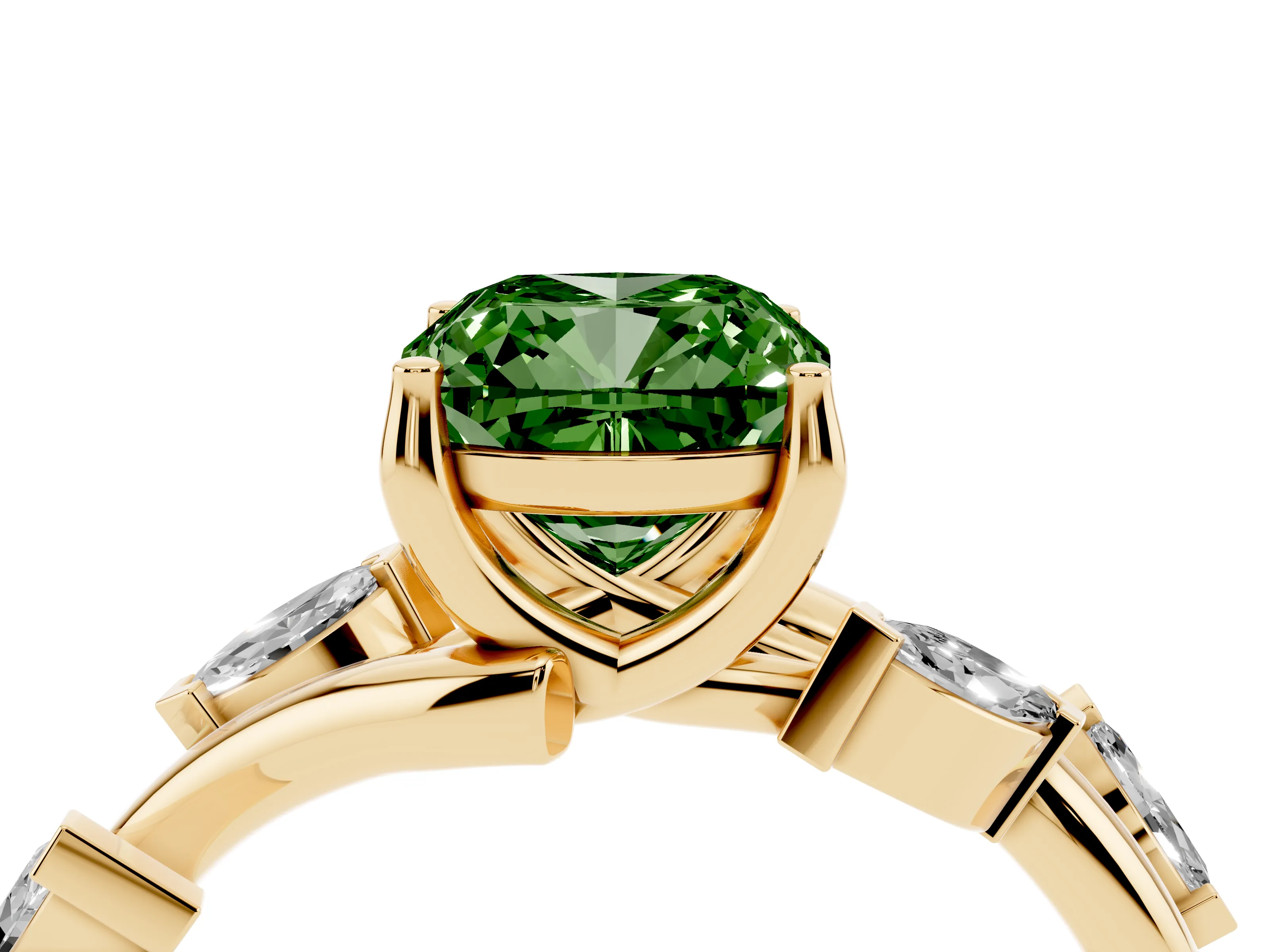 Fancy Green Cushion Cut Diamond Solitaire Ring Set in Yellow gold with Twisted Marquise Accent Band