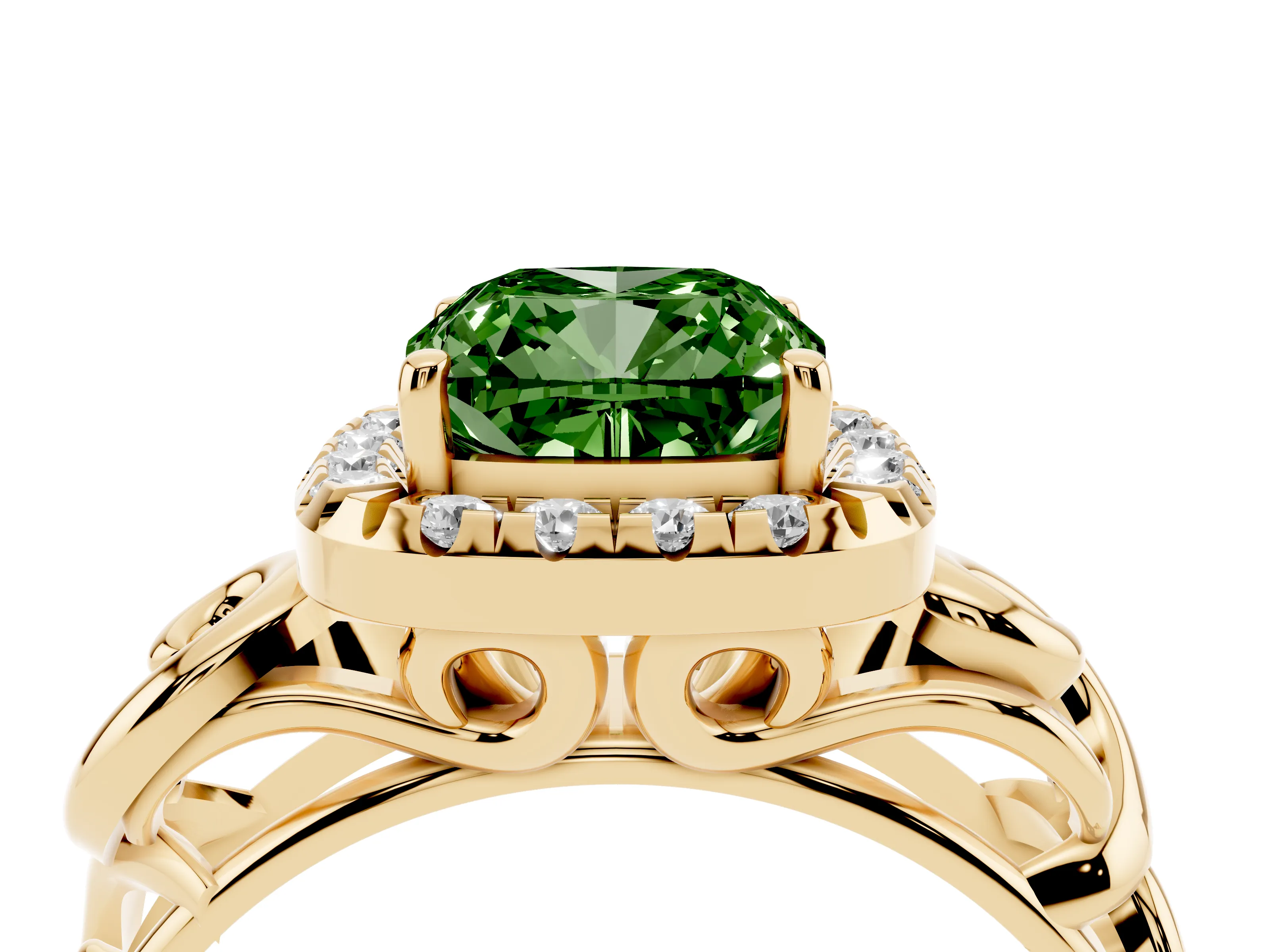 Fancy Green Cushion Cut Diamond Halo Ring Set in Yellow gold with Scrollwork Band and Prong Setting