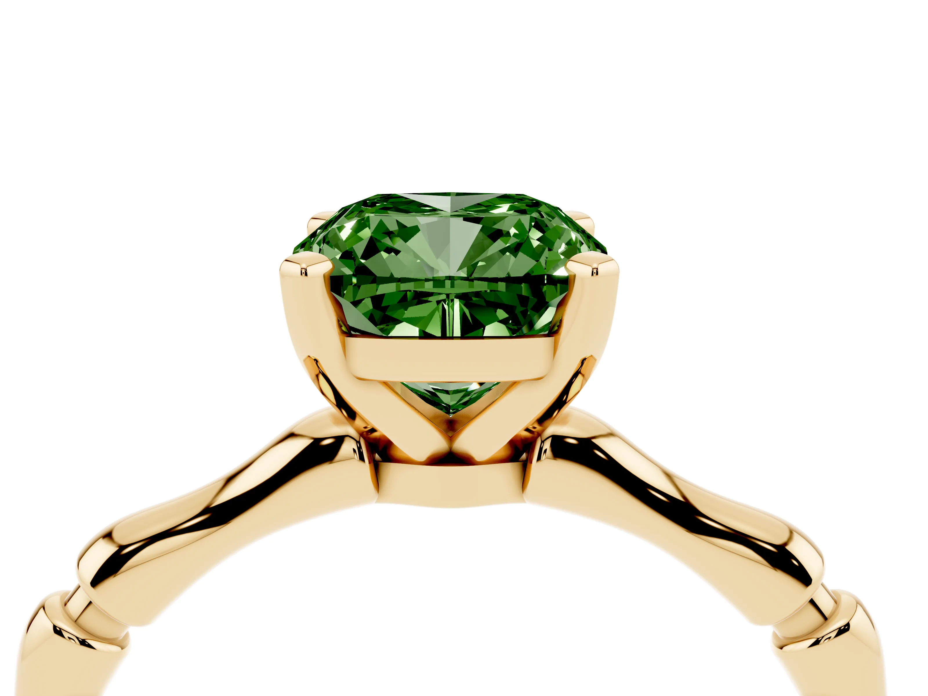 Fancy Green Cushion Cut Diamond Solitaire Ring Set in Yellow gold with Bamboo Band and Prong Setting