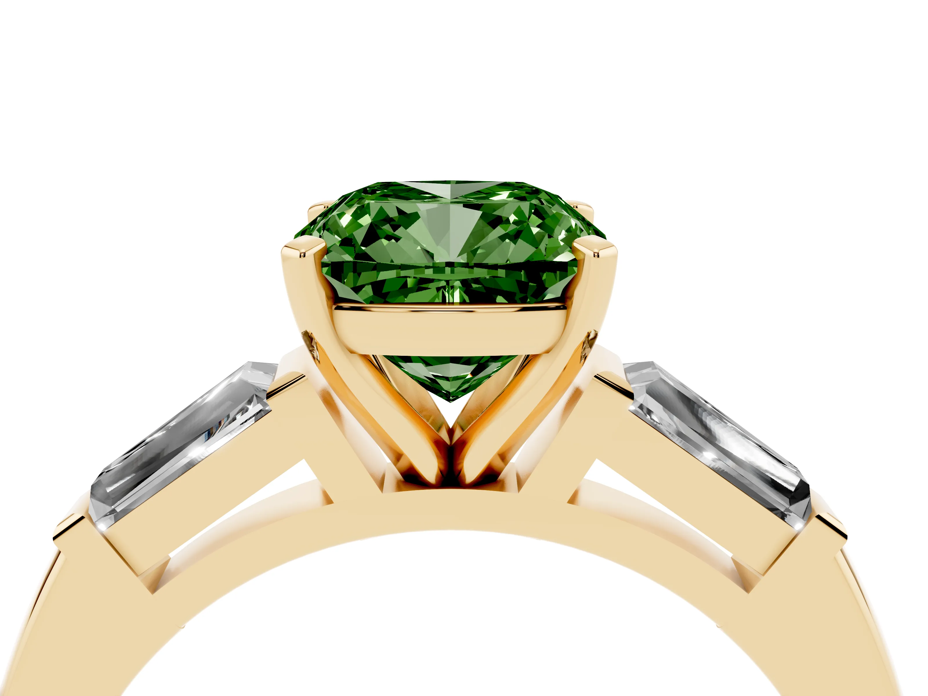 Fancy Green Cushion Cut Diamond Solitaire Ring Set in Yellow gold with Tapered Baguette Side Stones and Prong Setting