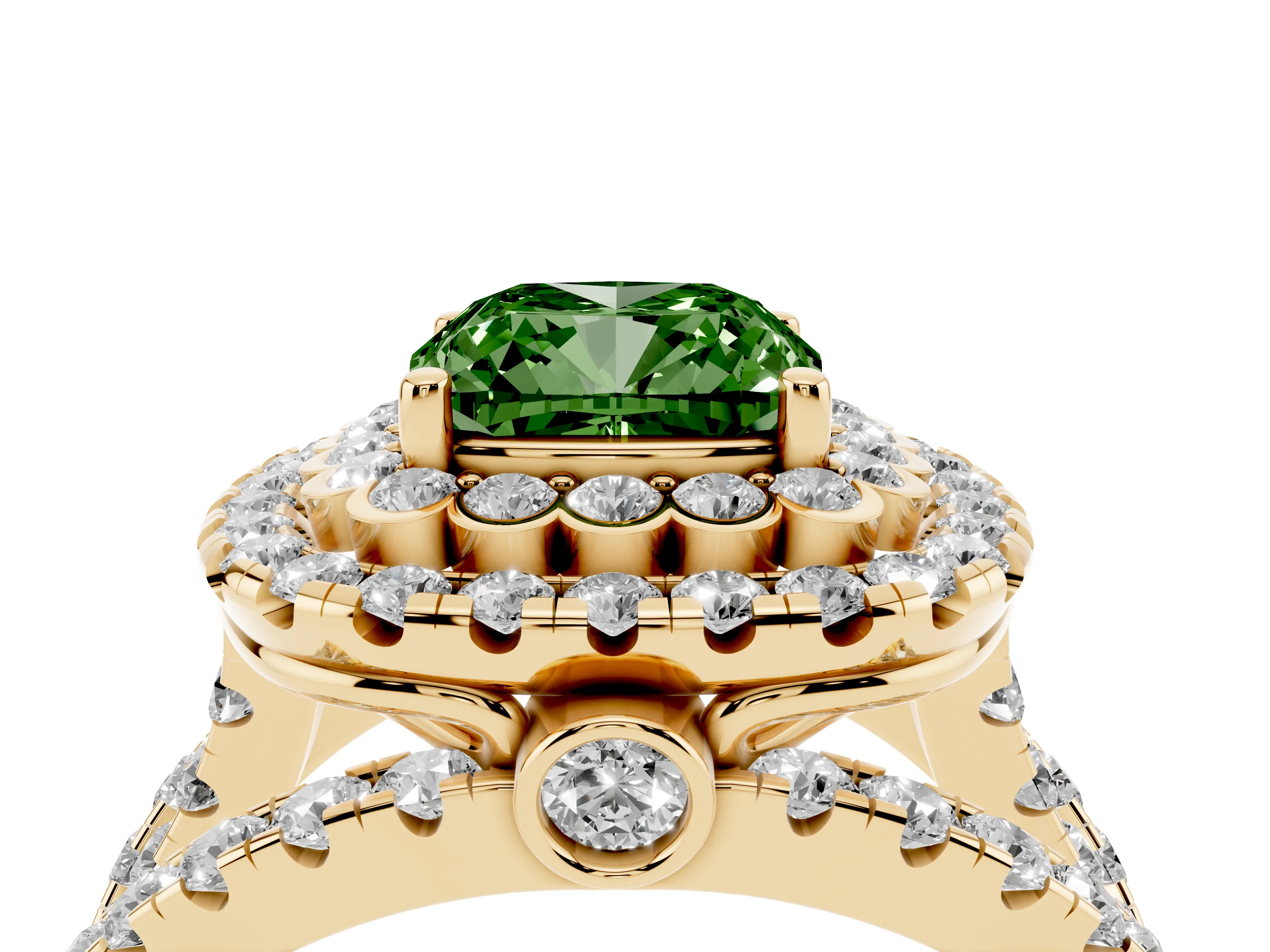 Fancy Green Cushion Cut Diamond Double Halo Ring Set in Yellow gold with Round Pavé Split Shank
