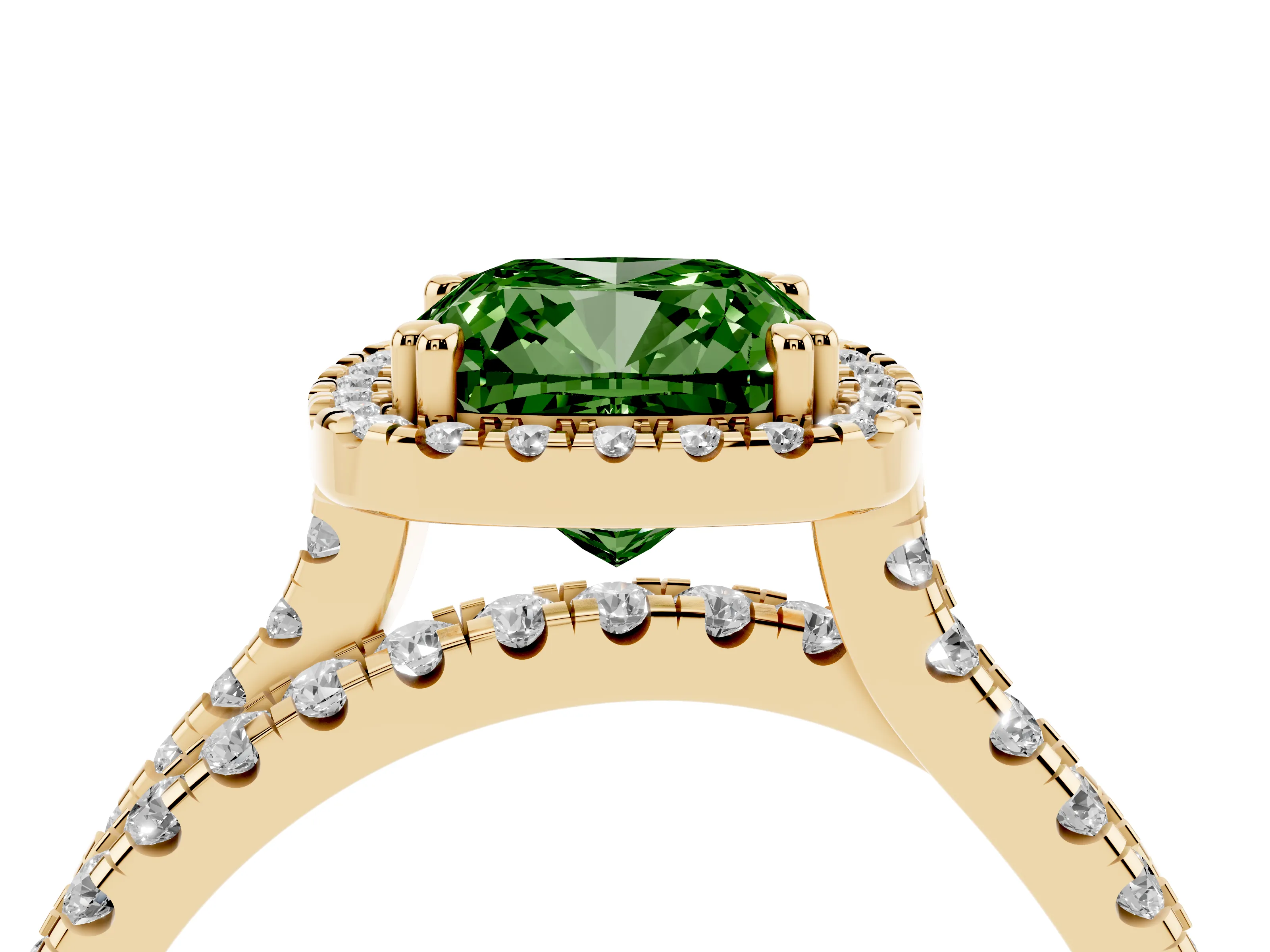 Fancy Green Cushion Cut Diamond Halo Split Shank Ring Set in Yellow gold with Pavé Setting