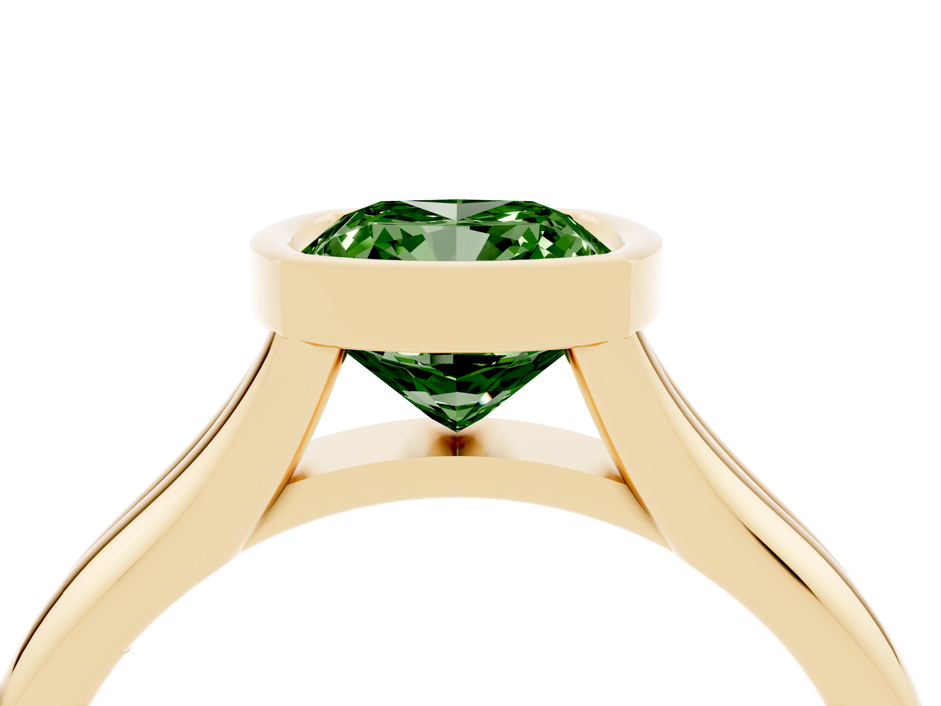 Fancy Green Bezel Set Cushion Cut Diamond Solitaire Ring Set in Yellow gold with Smooth Band