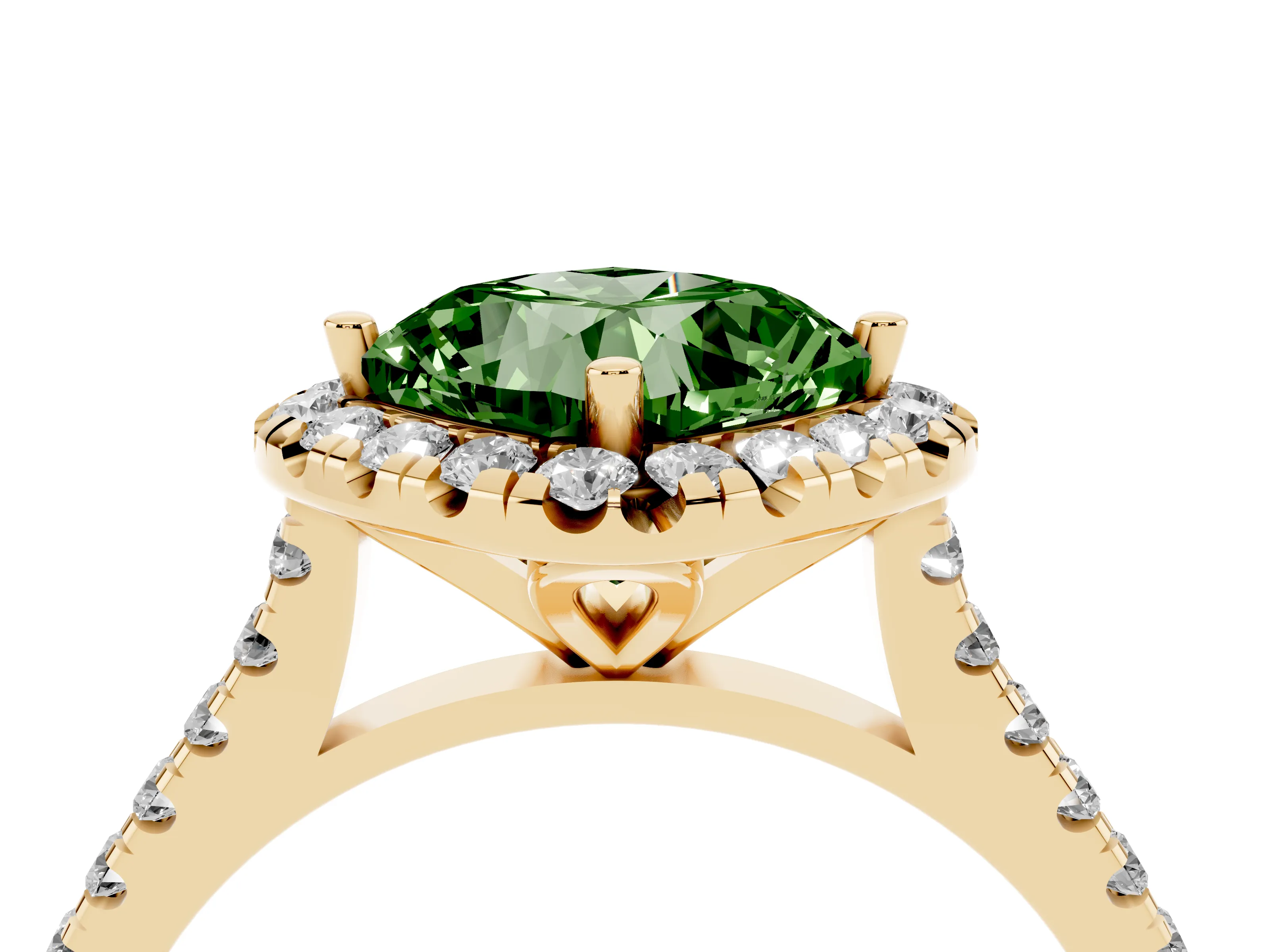 Fancy Green Cushion Cut Diamond Cushion Halo Ring Set in Yellow gold with Pavé Band