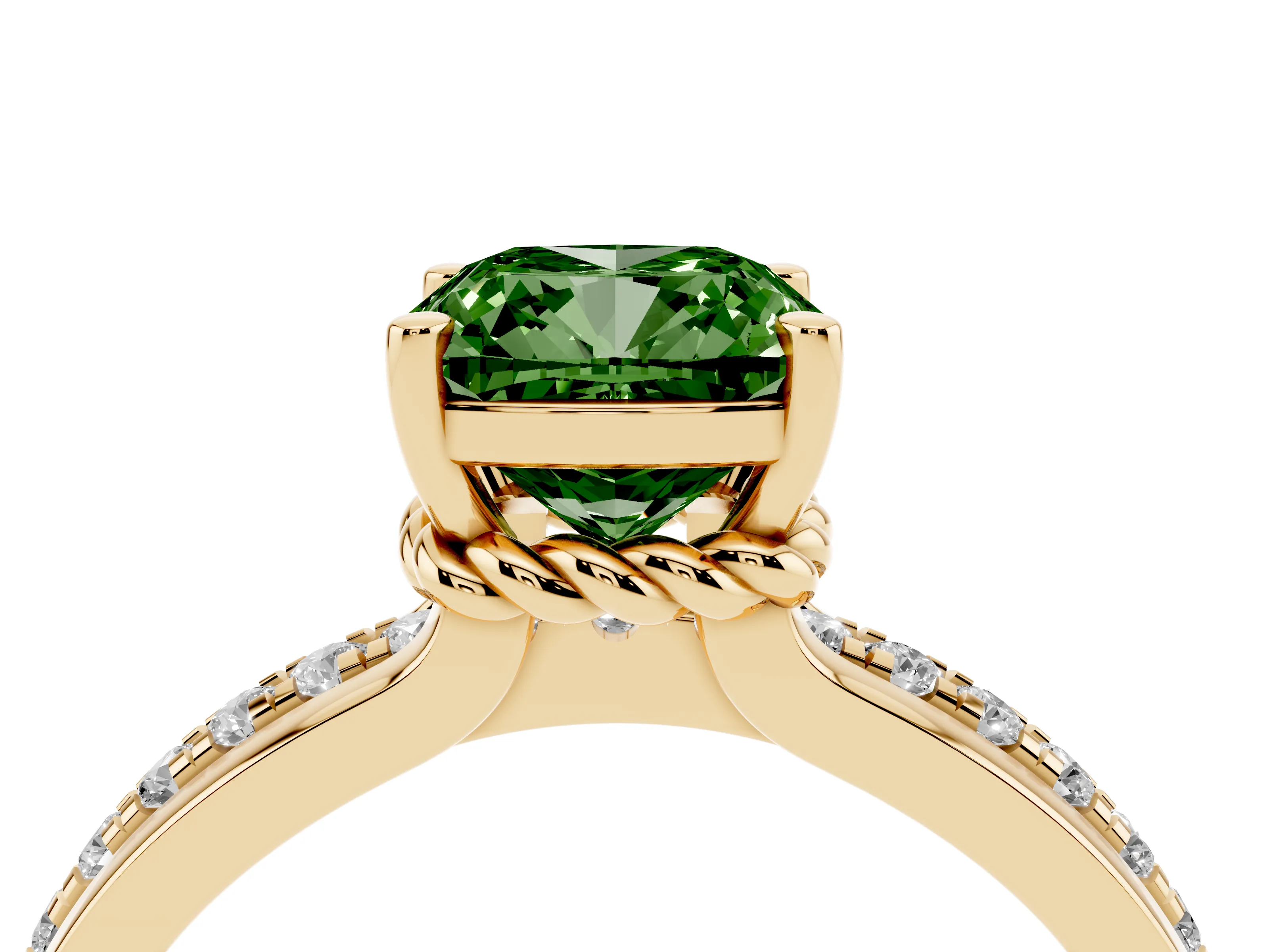 Fancy Green Cushion Cut Diamond Solitaire Ring Set in Yellow gold with Channel Set Band and Prong Setting