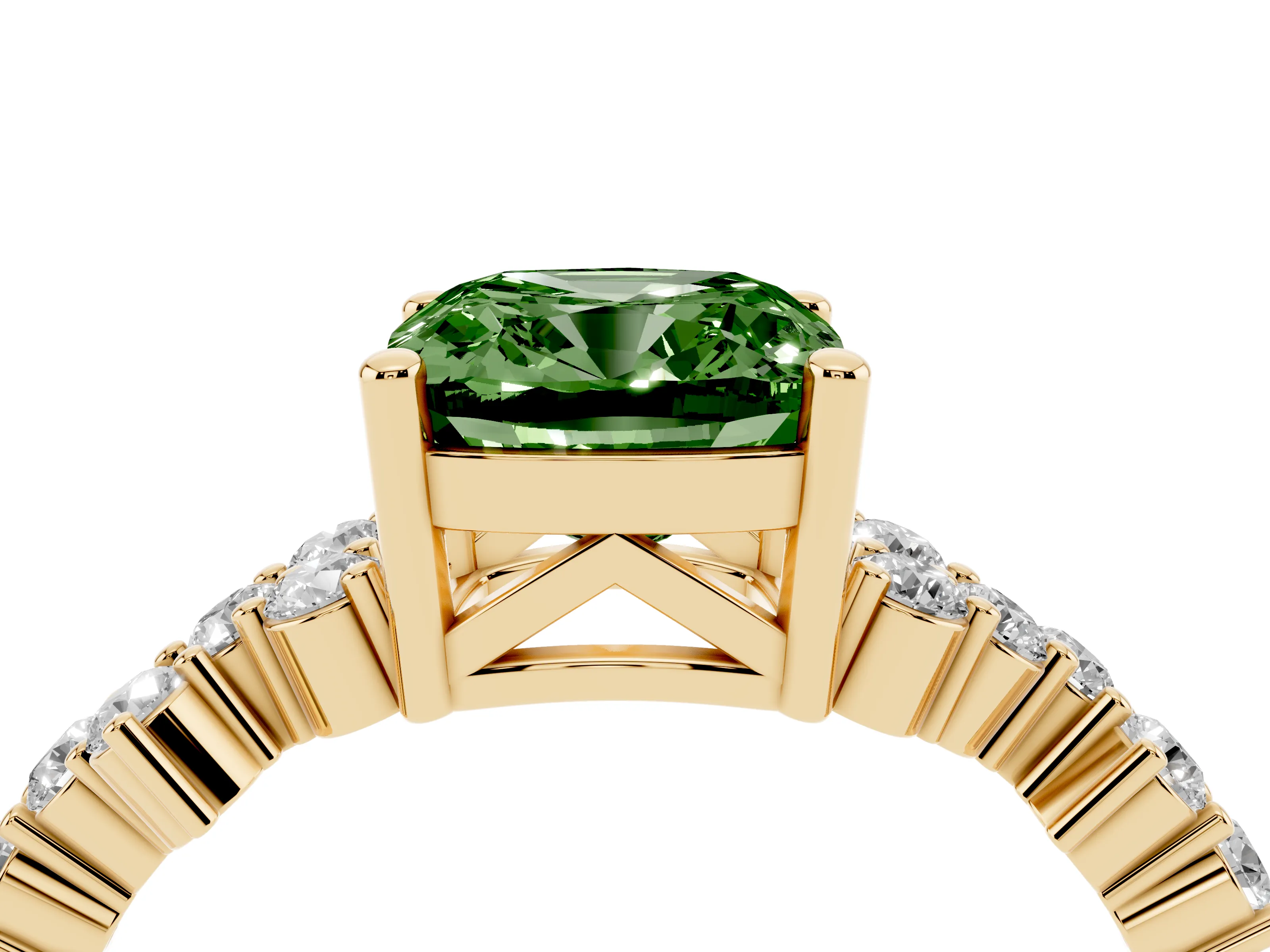 Fancy Green Cushion Cut Diamond Ring Set in Yellow gold with Scattered Round Accents