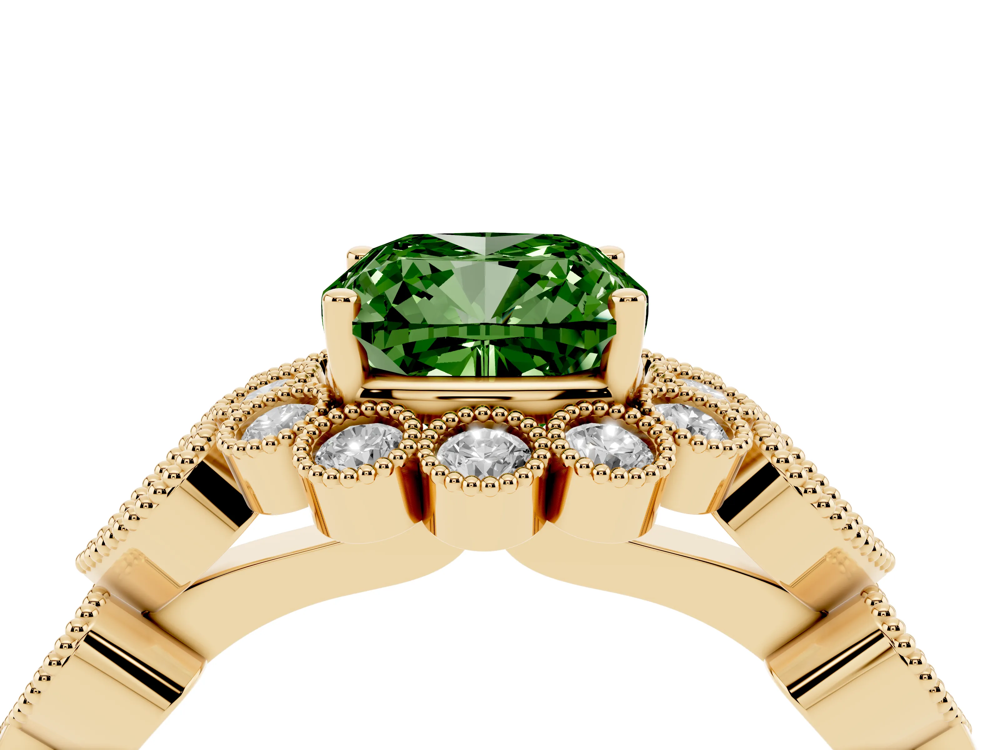 Fancy Green Cushion Cut Diamond Solitaire Ring Set in Yellow gold with Milgrain Pavé Heart Band
