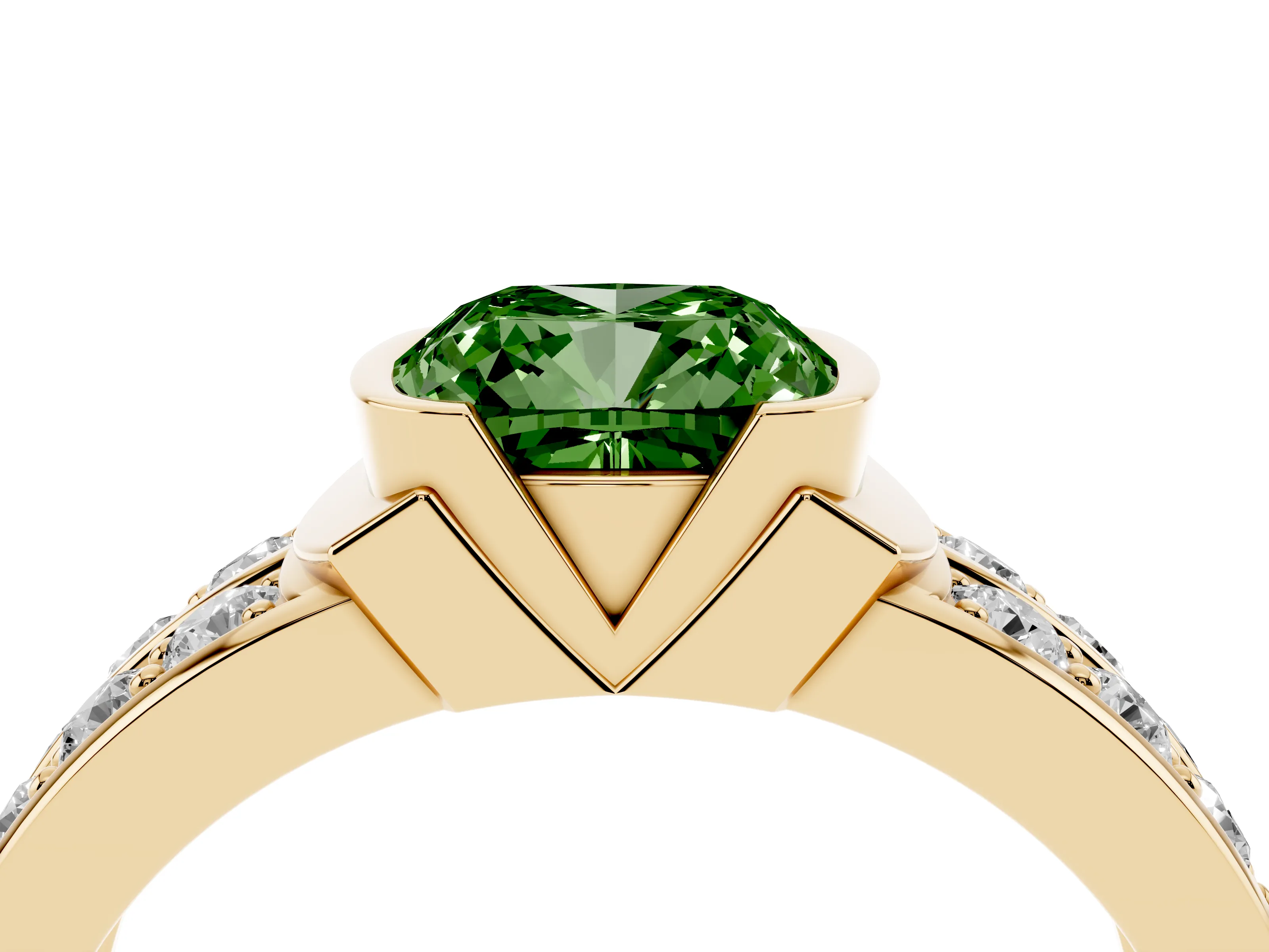 Fancy Green Cushion Cut Diamond Wide Channel Set Band Ring Set in Yellow gold with Bezel Setting