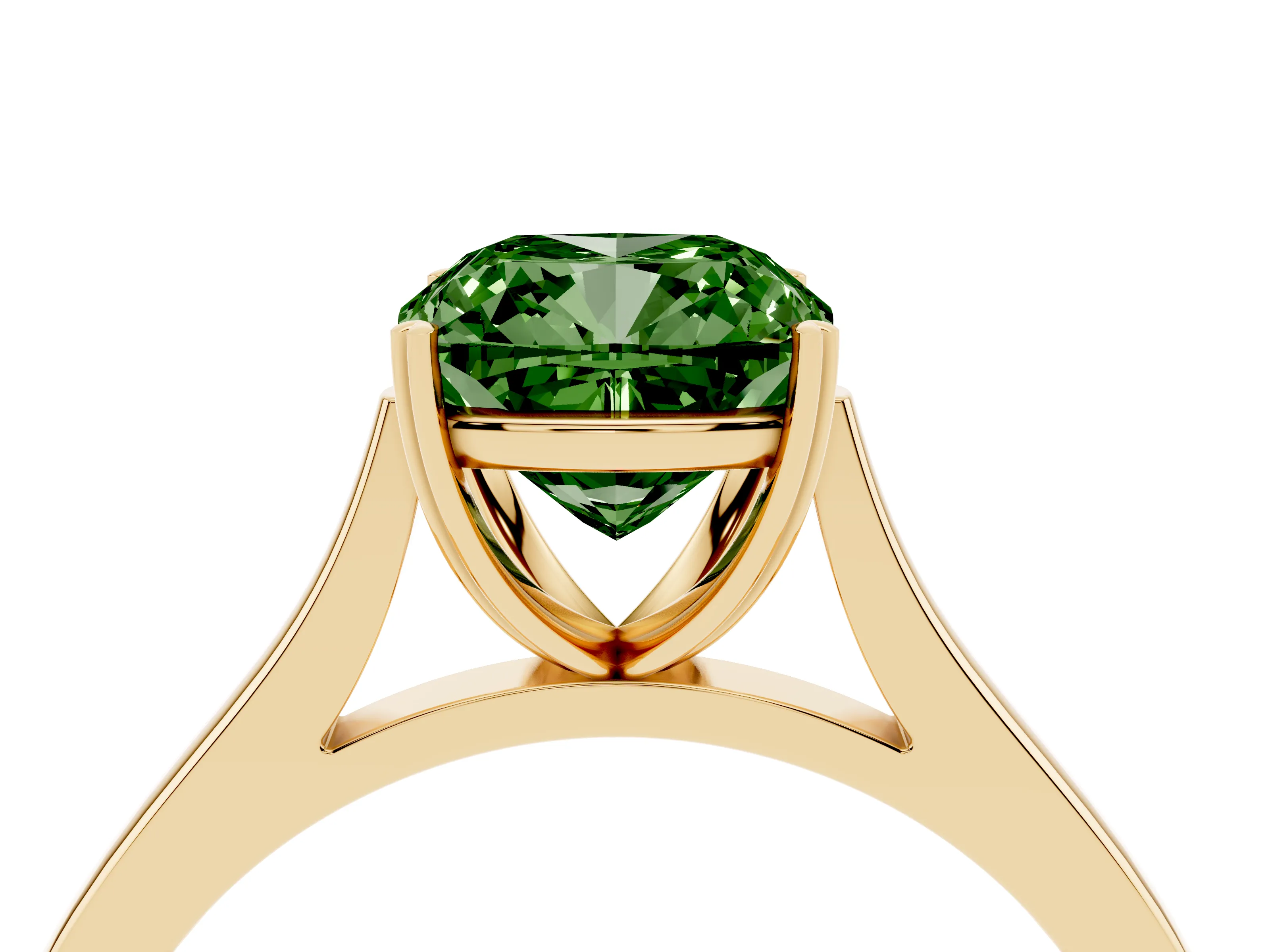 Fancy Green Cushion Cut Diamond Solitaire Heart Prong Engagement Ring Set in Yellow gold with Tapered Band