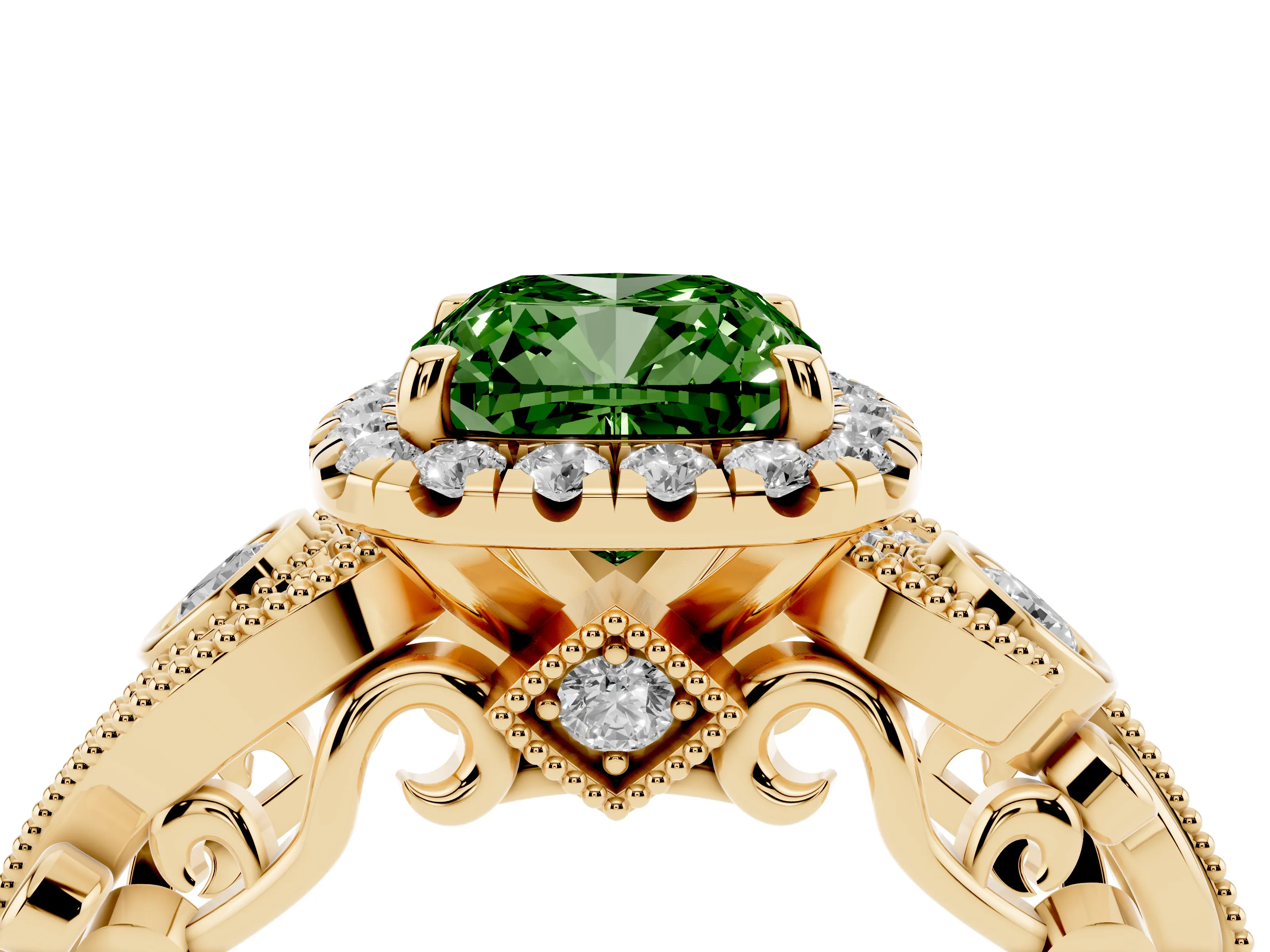 Fancy Green Cushion Cut Diamond Halo Ring Set in Yellow gold with Milgrain Pavé Band and Prong Setting
