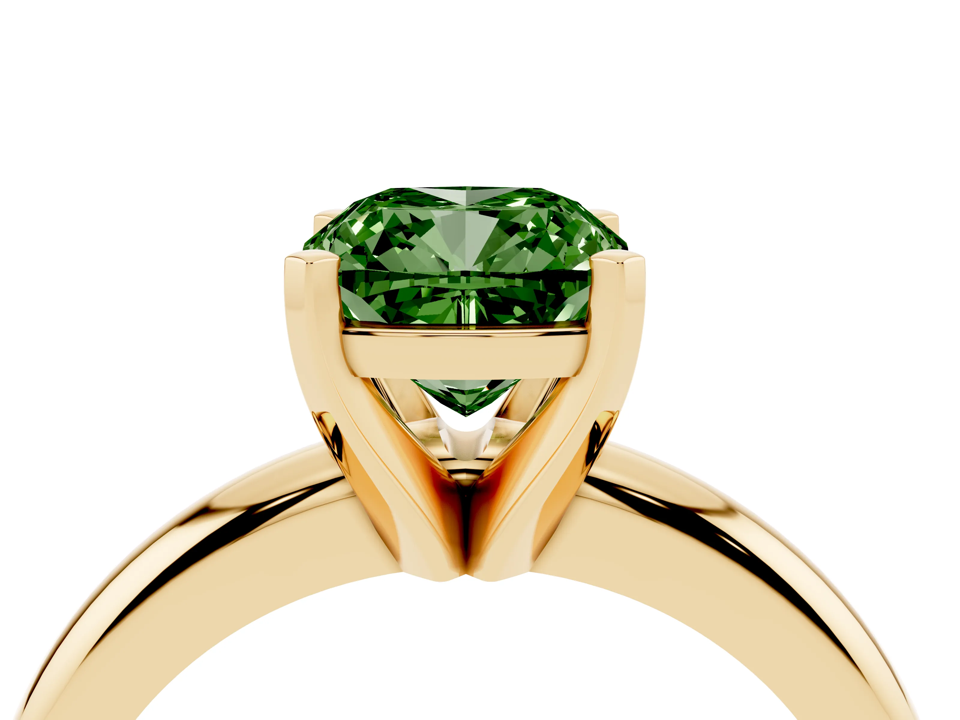 Fancy Green Cushion Cut Diamond Solitaire Engagement Ring Set in Yellow gold with Round Band and Prong Setting