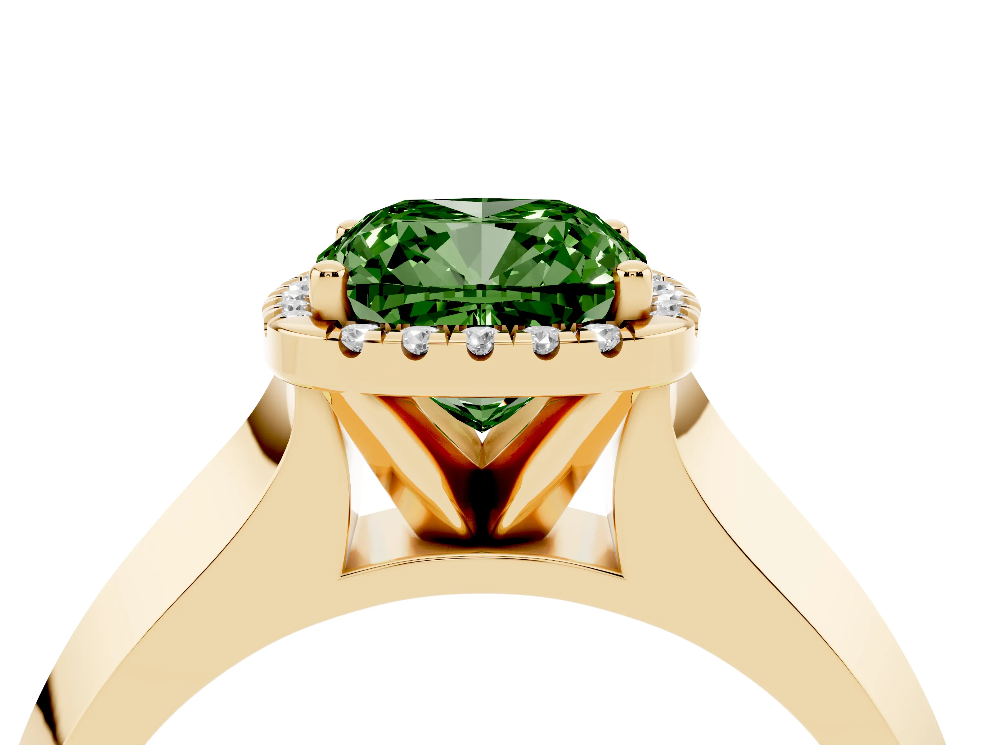 Fancy Green Cushion Cut Diamond Halo Ring Set in Yellow gold with Cathedral Band and Prong Setting
