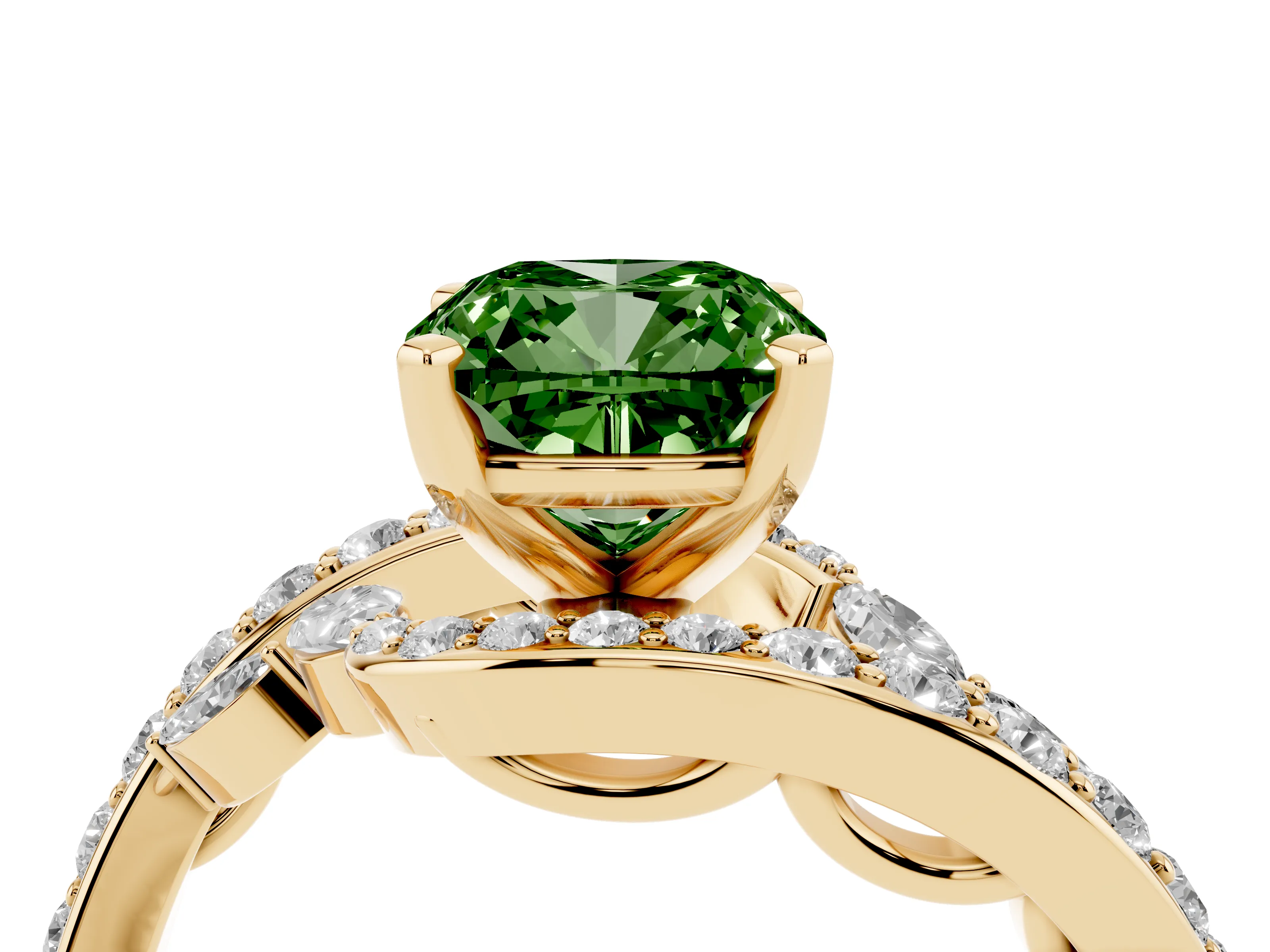 Fancy Green Cushion Cut Diamond Solitaire Ring Set in Yellow gold with Filigree Band and Prong Setting