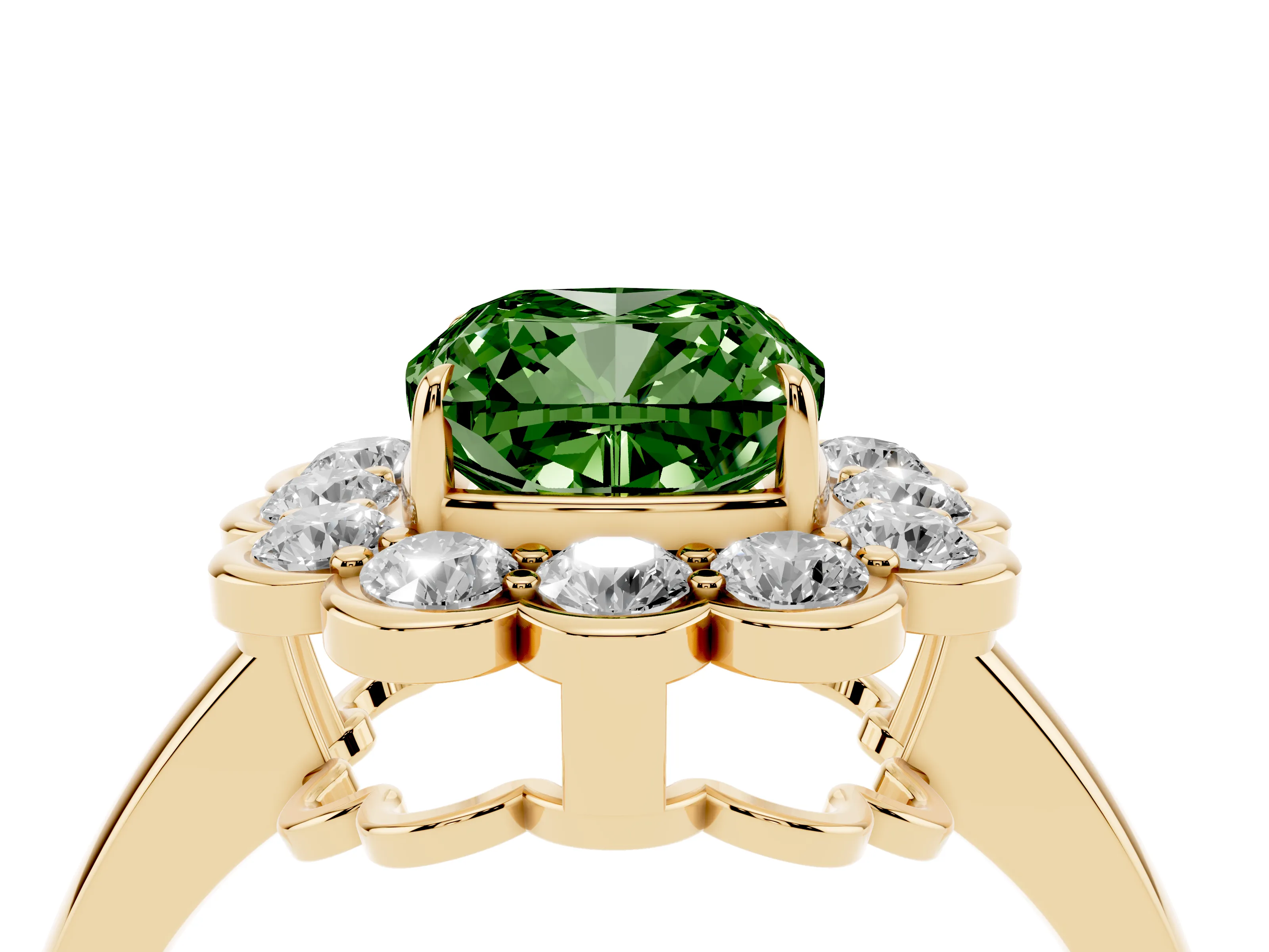 Fancy Green Cushion Cut Diamond Halo Cluster Engagement Ring Set in Yellow gold with Solitaire Band and Prong Setting