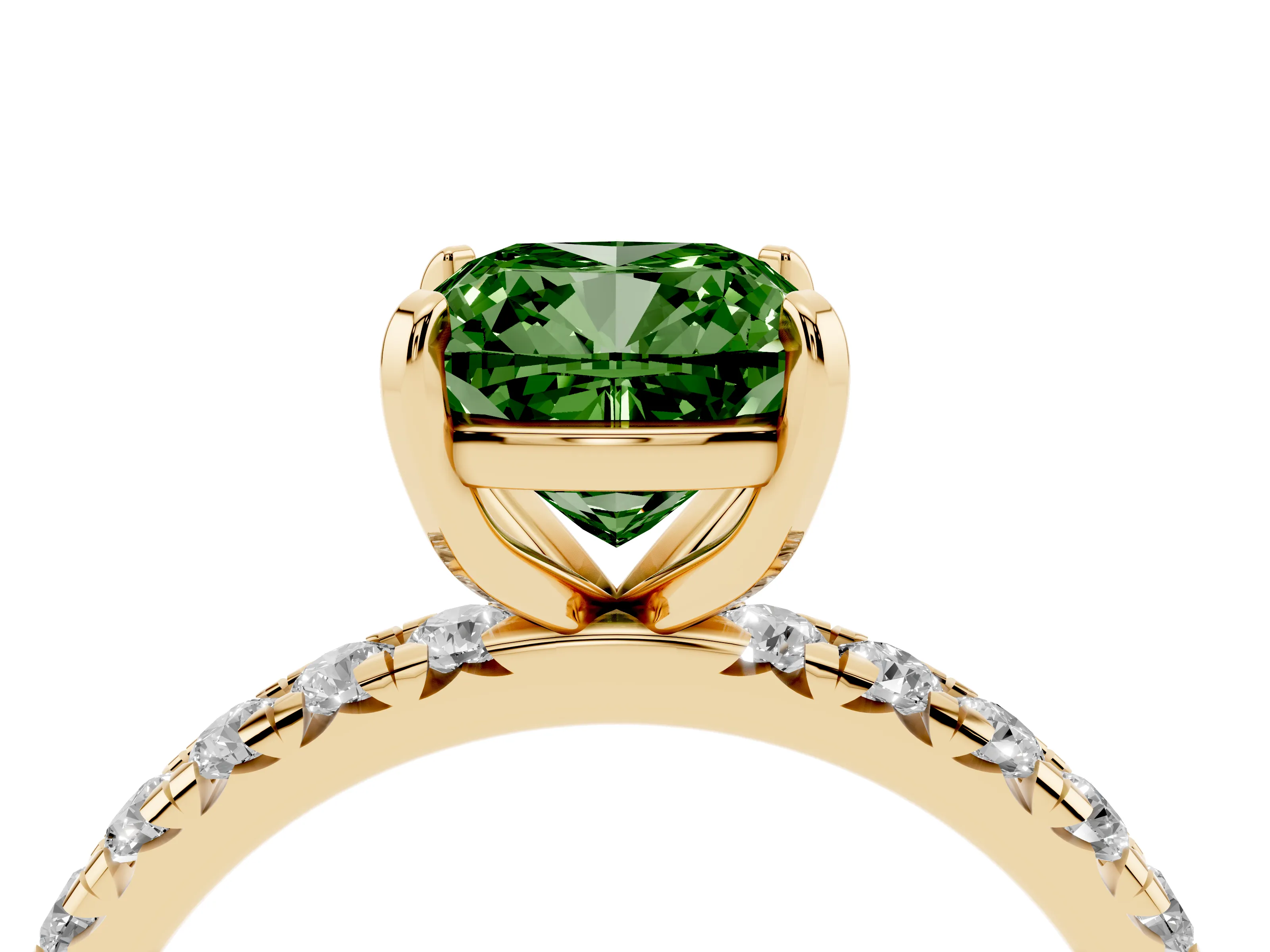 Fancy Green Cushion Cut Diamond Pavé Solitaire Ring Set in Yellow gold with Round Band and Prong Setting