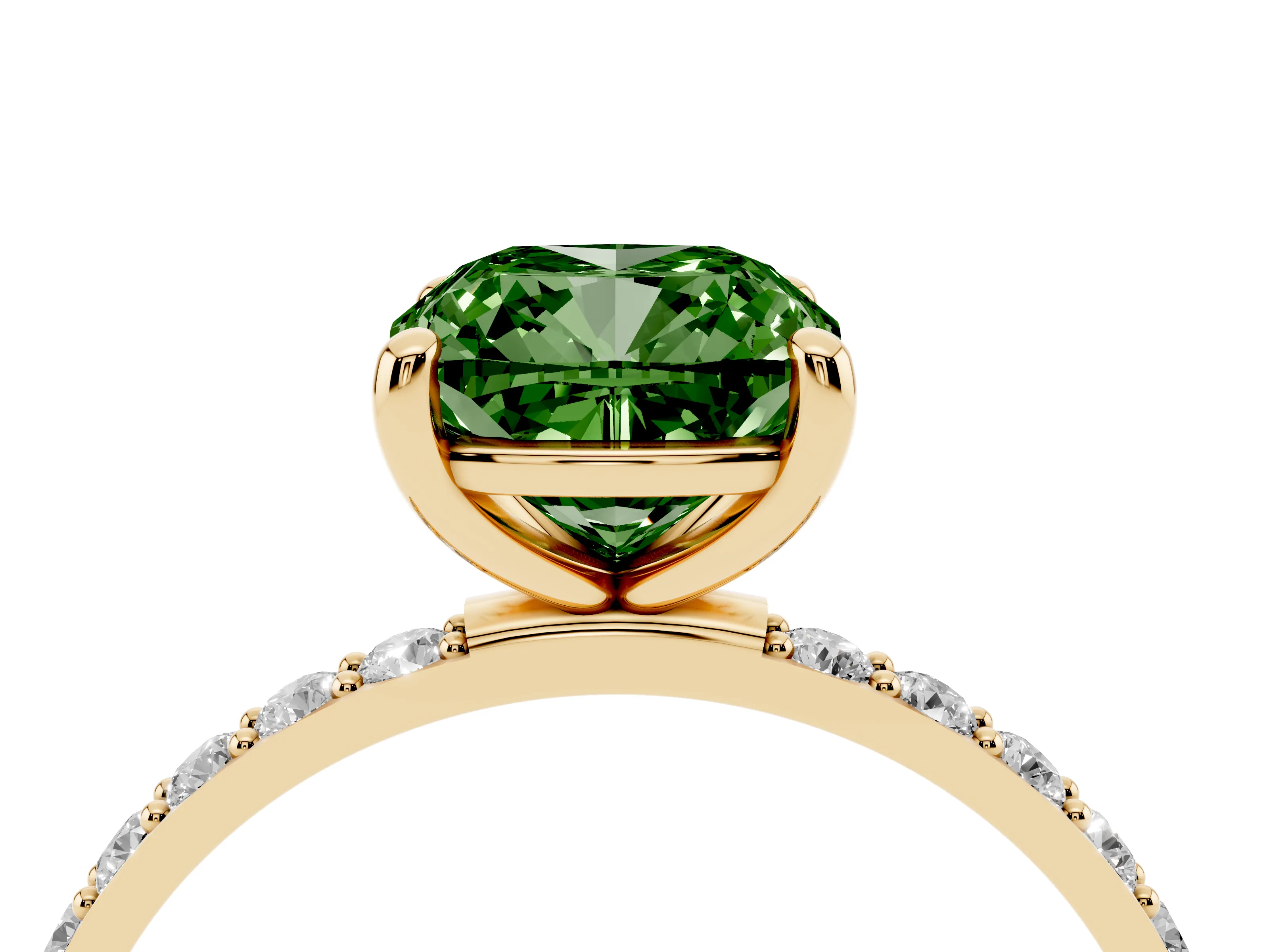 Fancy Green Cushion Cut Diamond Solitaire Ring Set in Yellow gold with Round Pavé Band and Prong Setting