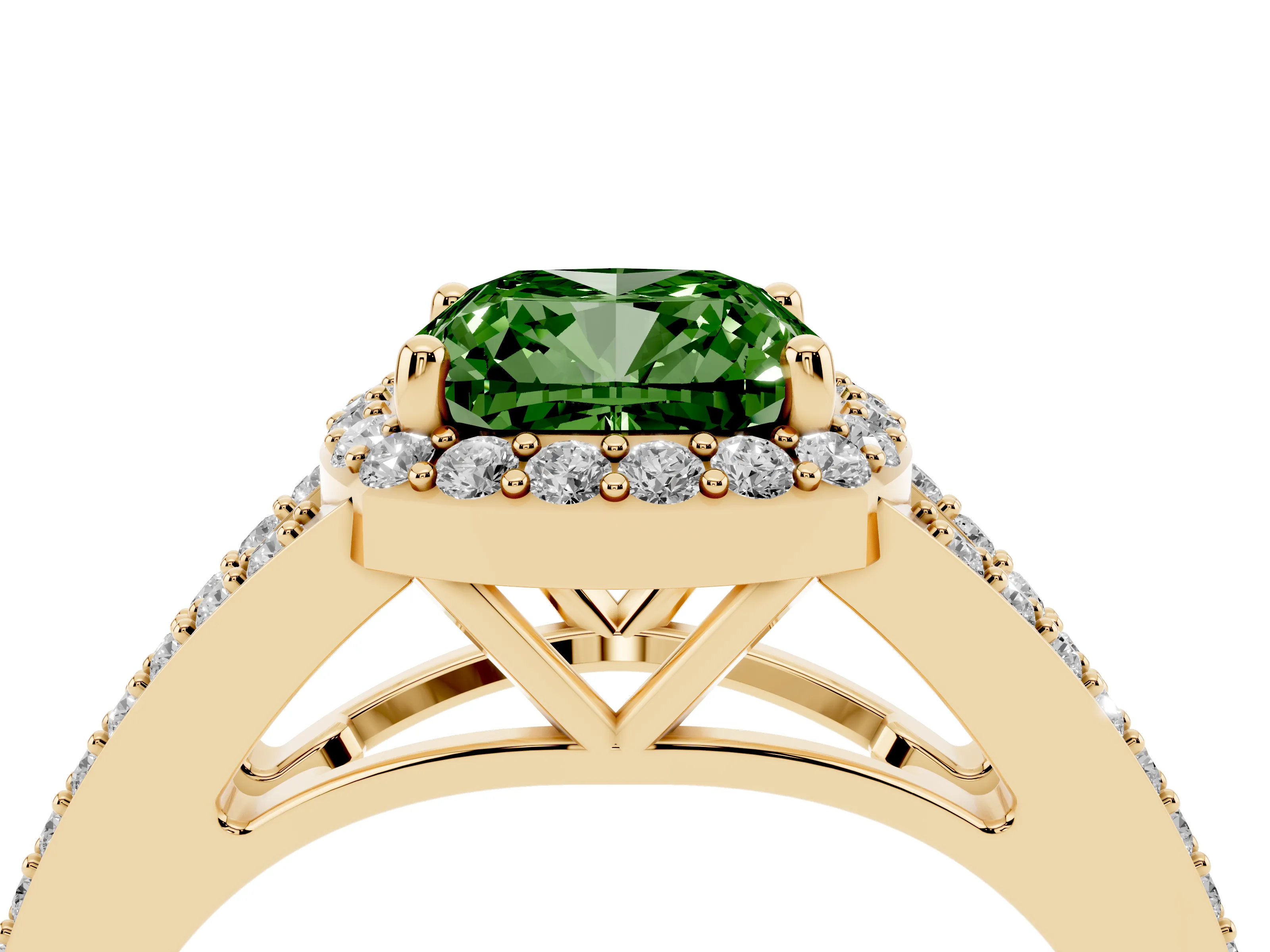 Fancy Green Cushion Cut Diamond Halo Split Shank Ring Set in Yellow gold with Accent Stones and Prong Setting