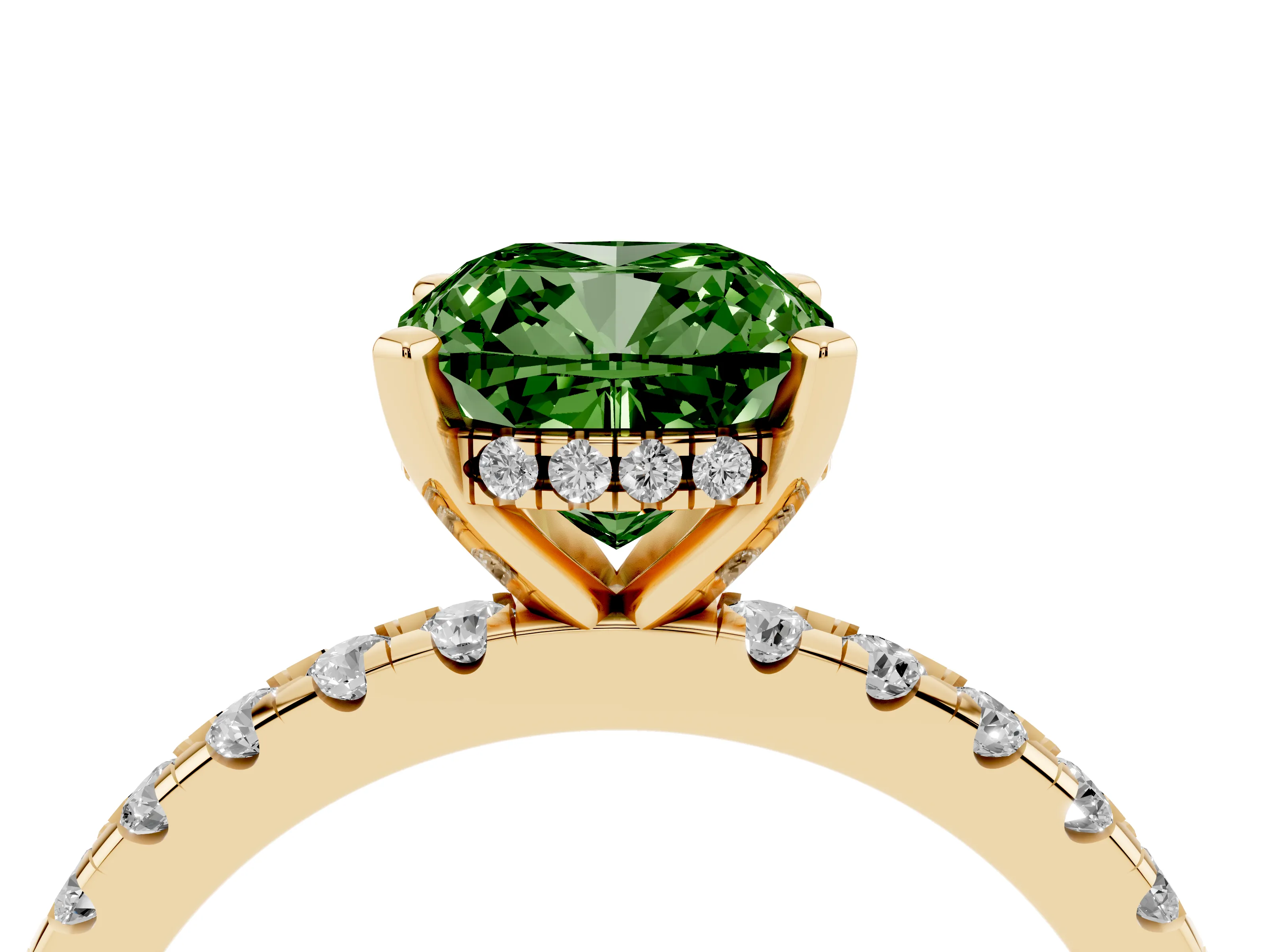Fancy Green Cushion Cut Diamond Pavé Solitaire Ring Set in Yellow gold with Round Band Accents and Prong Setting