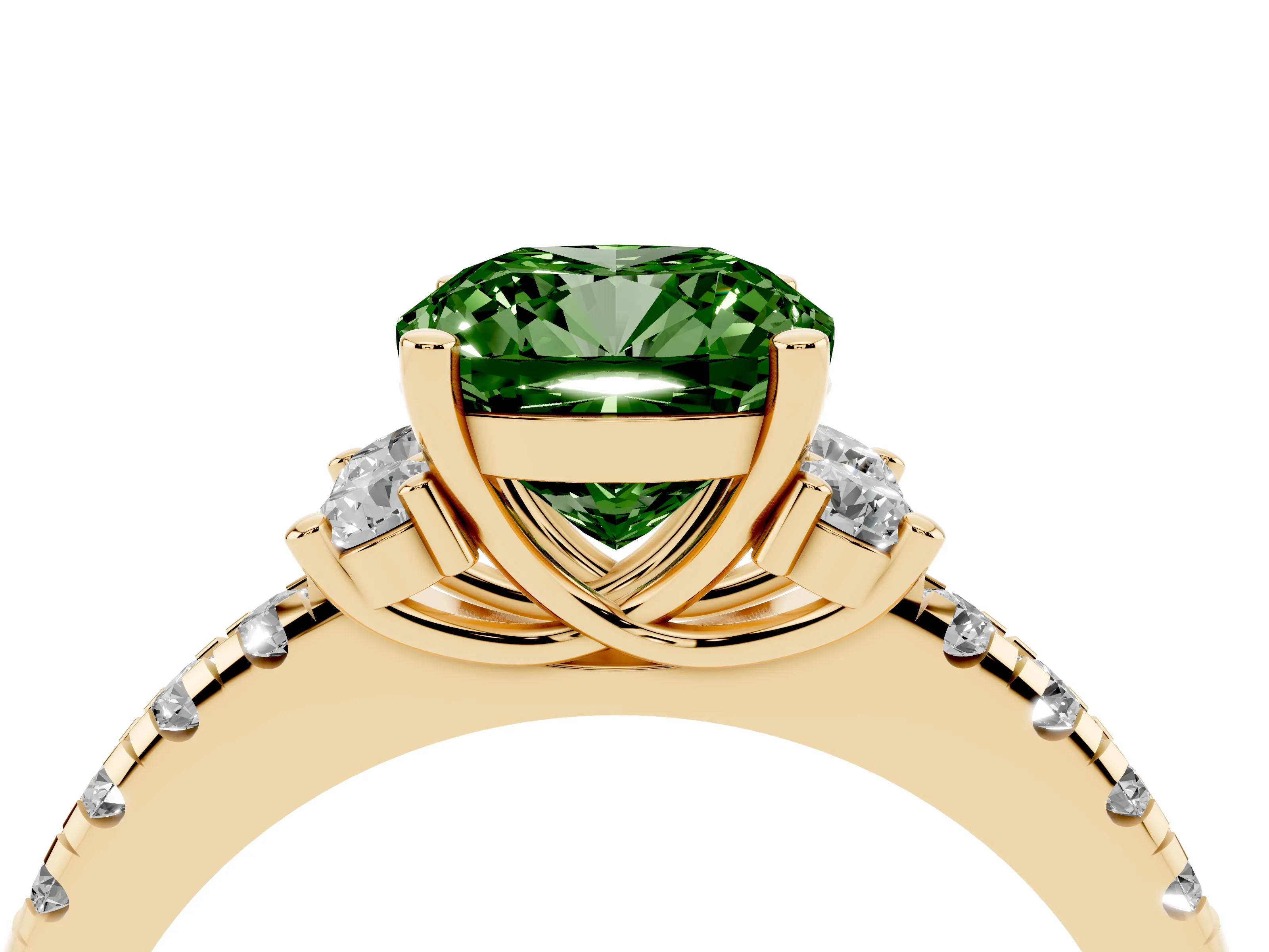 Fancy Green Cushion Cut Diamond Three-Stone Pavé Ring Set in Yellow gold with Prong Setting