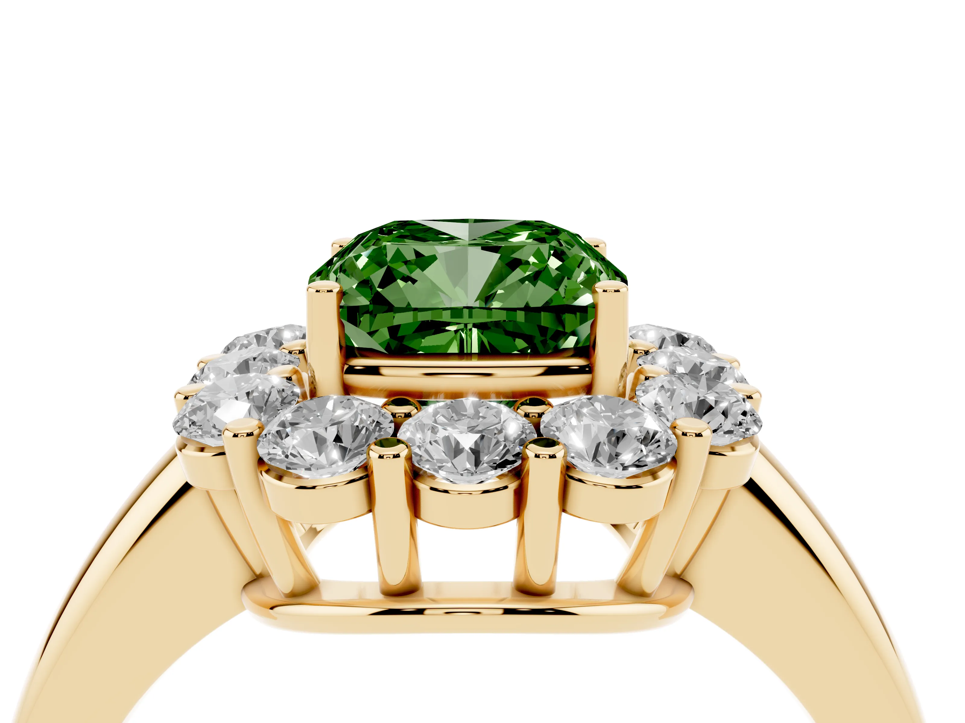 Fancy Green Cushion Cut Diamond Halo Cluster Engagement Ring Set in Yellow gold with Polished Band and Prong Setting