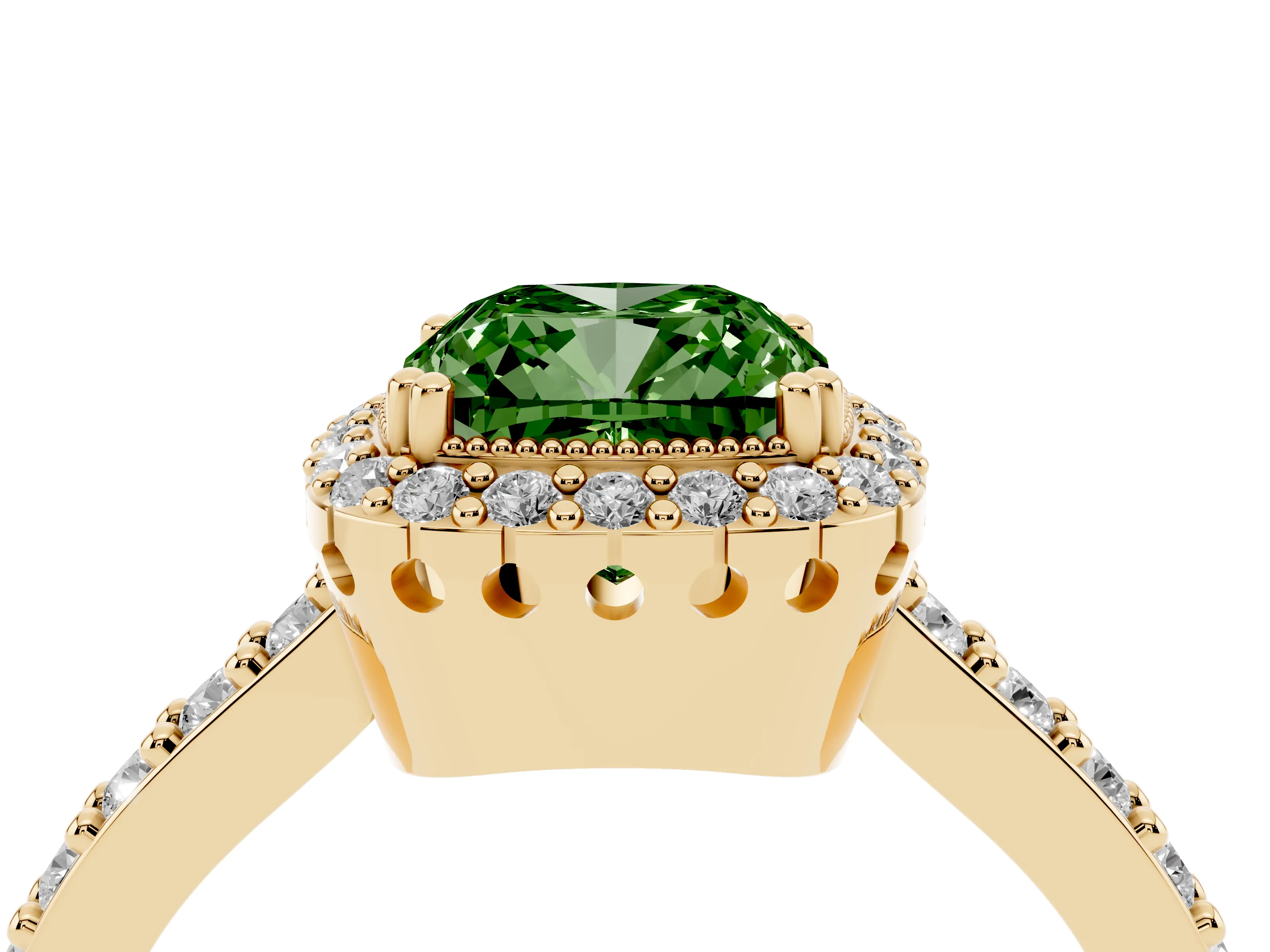 Fancy Green Cushion Cut Diamond Halo Engagement Ring Set in Yellow gold with Milgrain Detail and Pavé Band