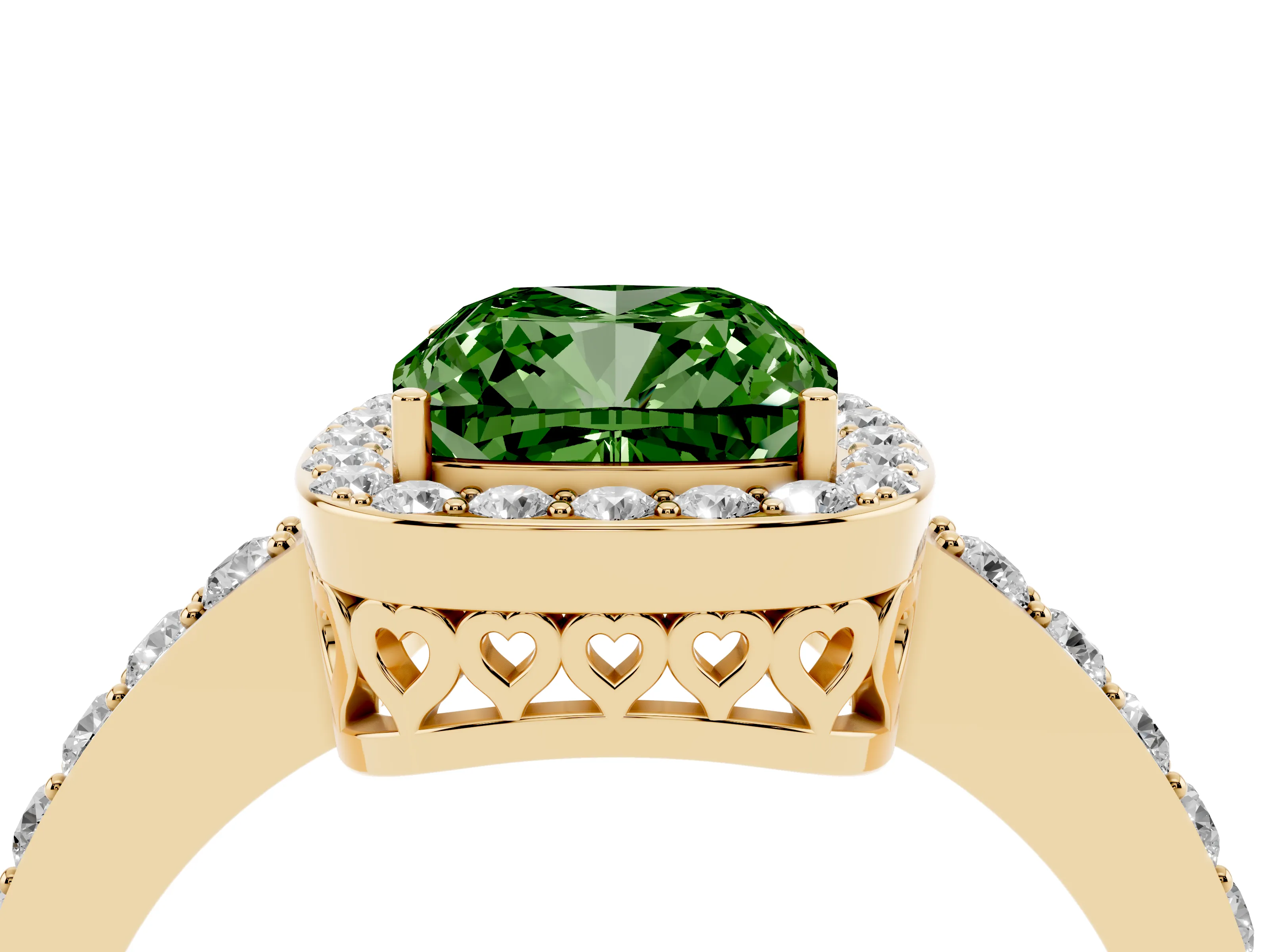 Fancy Green Cushion Cut Diamond Halo Ring Set in Yellow gold with Pavé-Setting Band and Open Prong Center