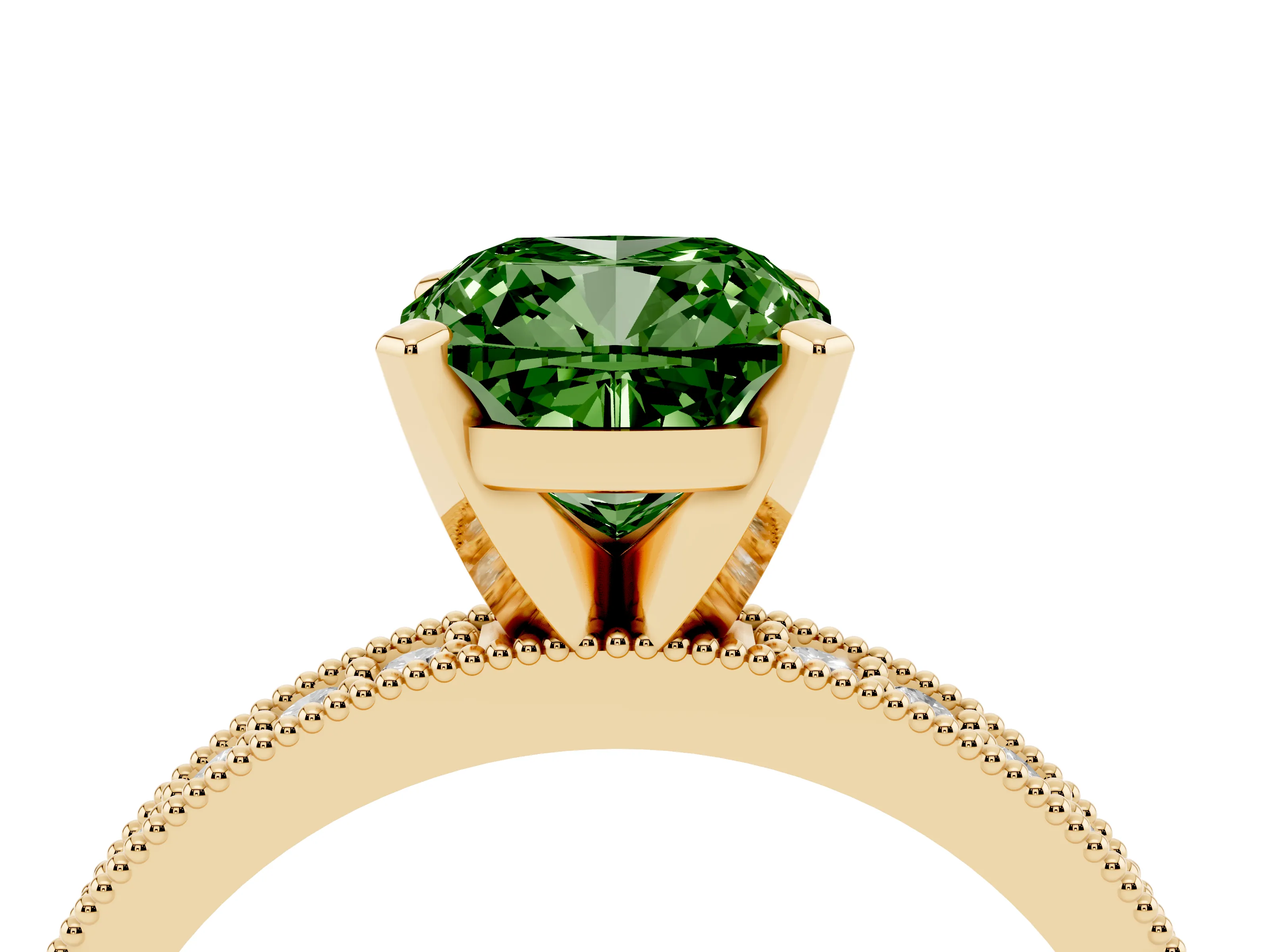 Fancy Green Cushion Cut Diamond Milgrain Pavé Engagement Ring Set in Yellow gold with Prong Setting