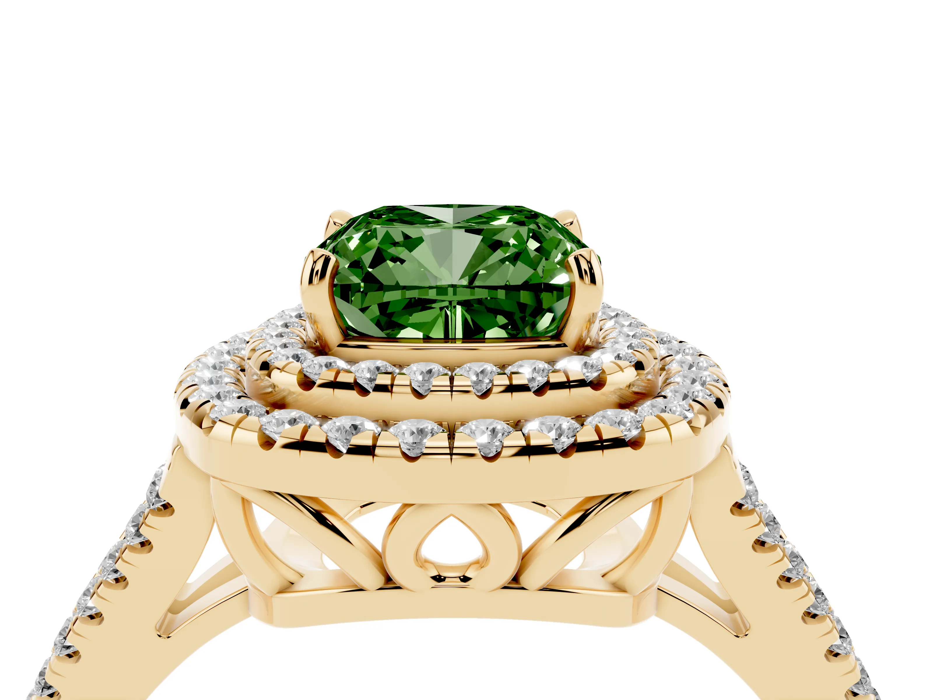 Fancy Green Cushion Cut Diamond Double Halo Ring Set in Yellow gold with Pavé Band