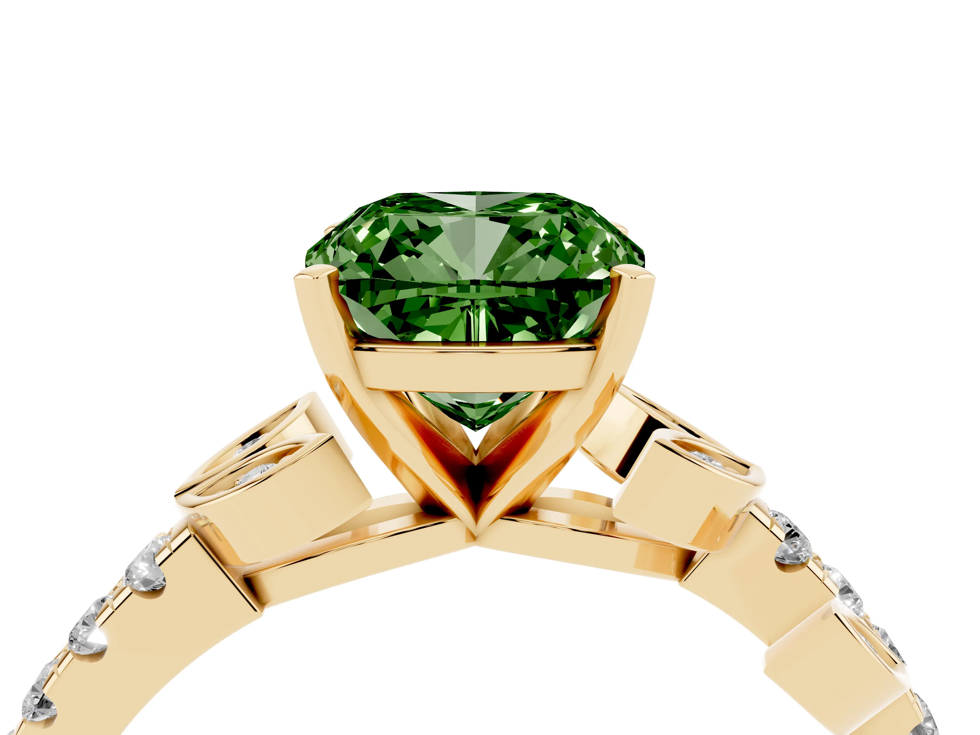 Fancy Green Cushion Cut Diamond Solitaire Leaf-Inspired Ring Set in Yellow gold with Pavé Band and Prong Setting