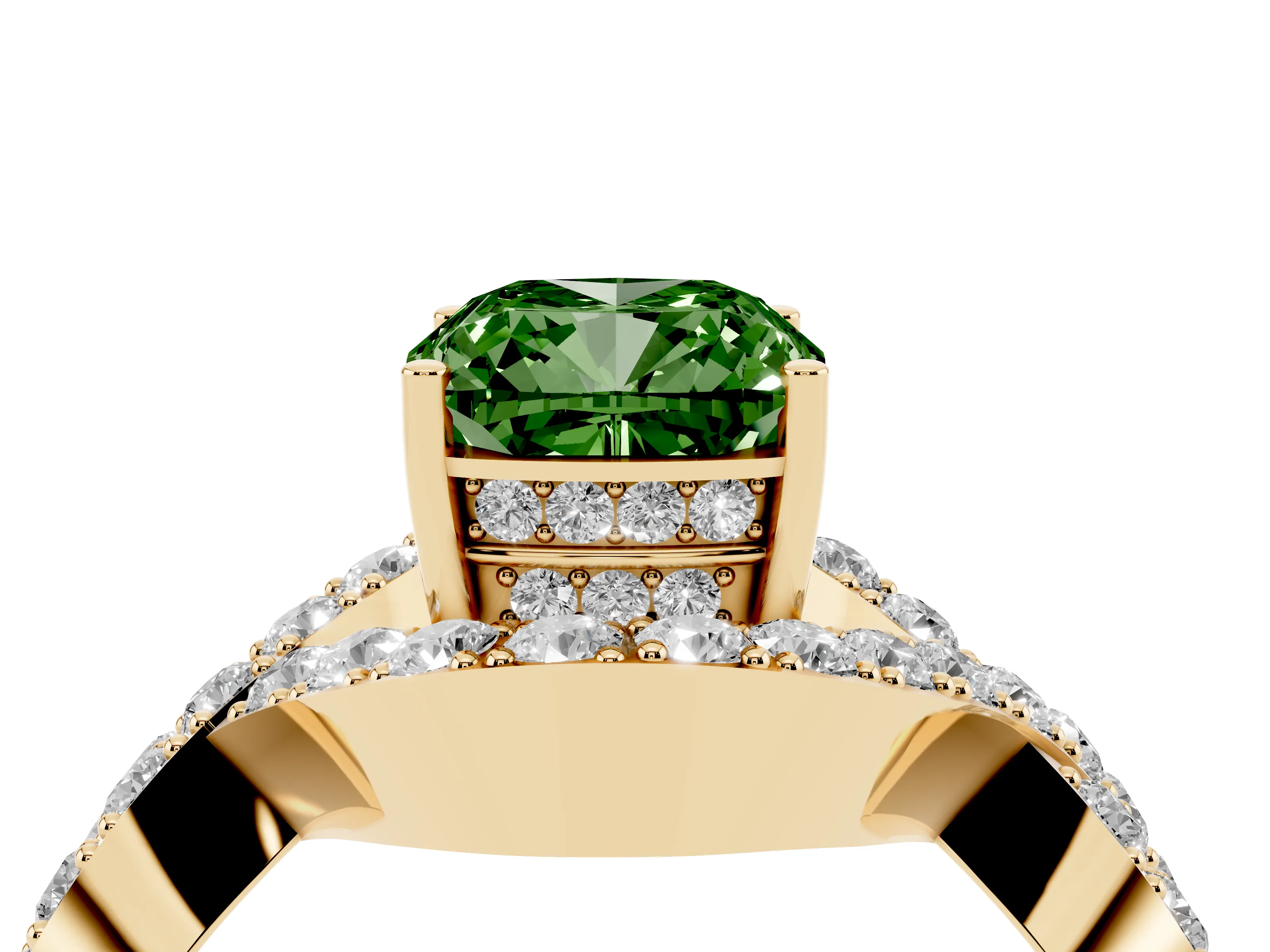Fancy Green Cushion Cut Diamond Solitaire Twist Band Pavé Engagement Ring Set in Yellow gold