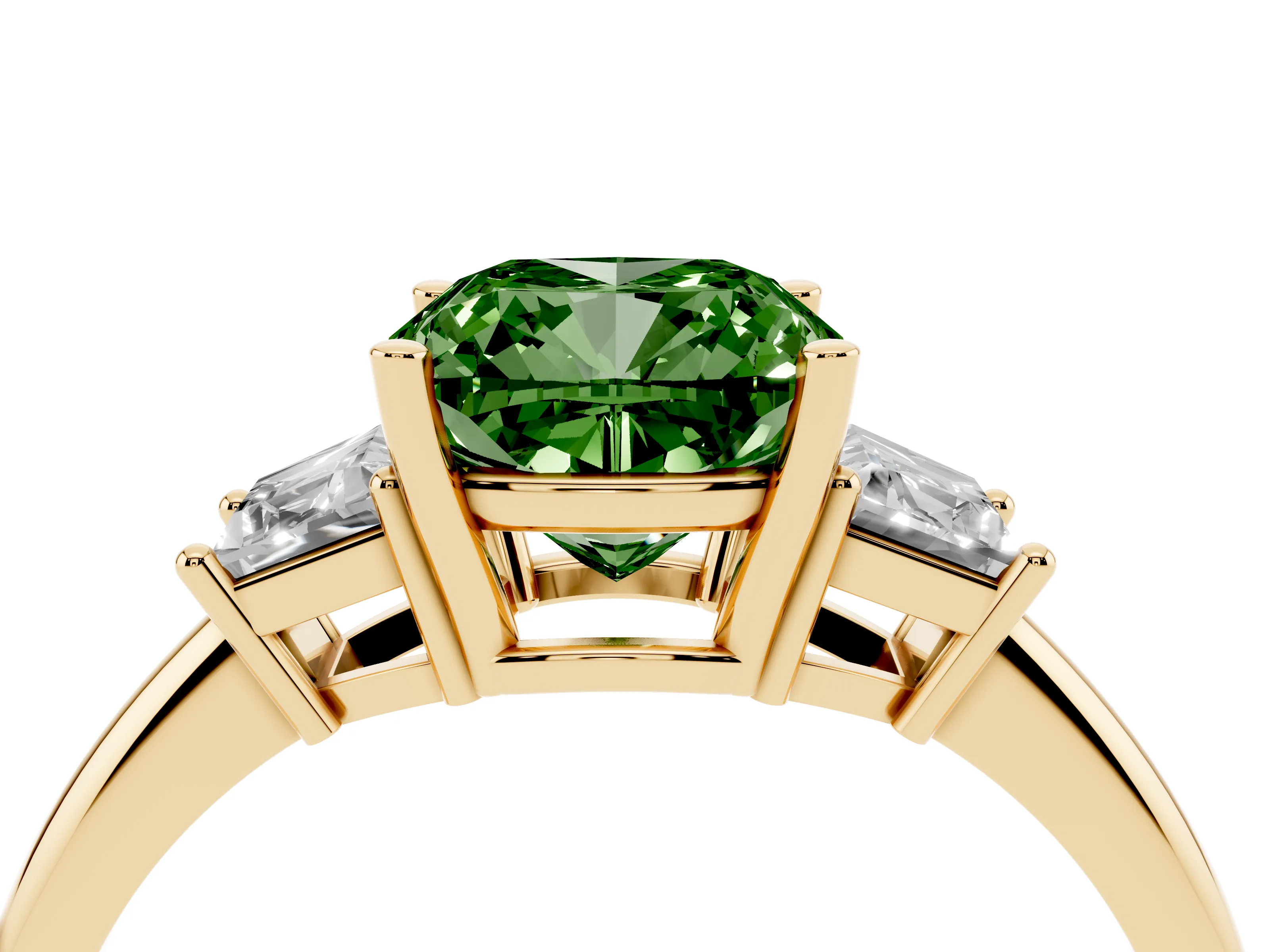 Fancy Green Cushion Cut Diamond Three-Stone Ring Set in Yellow gold with Trapezoid Side Stones and Prong Setting