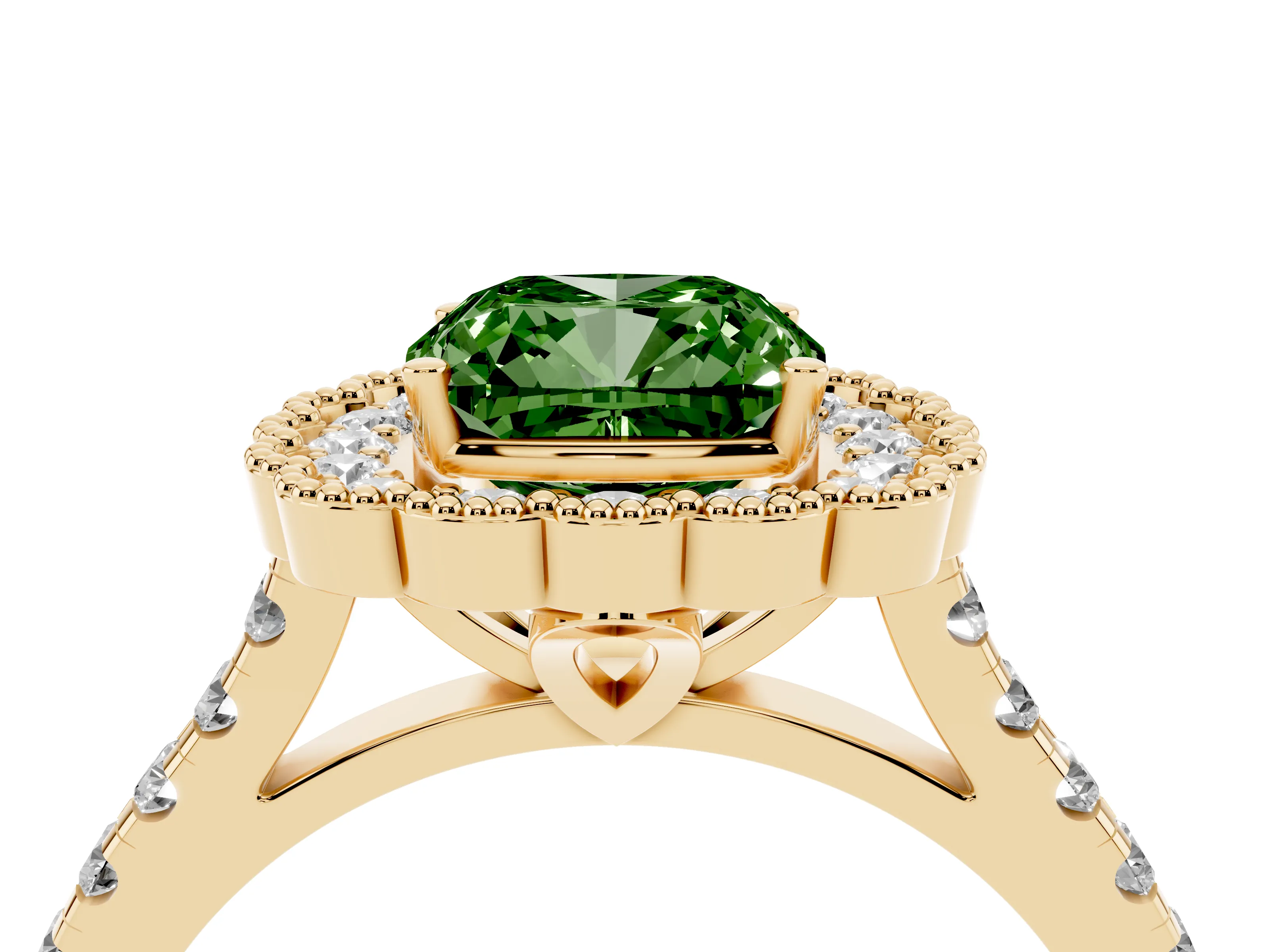 Fancy Green Cushion Cut Diamond Milgrain Floral Halo Engagement Ring Set in Yellow gold with Pavé Band