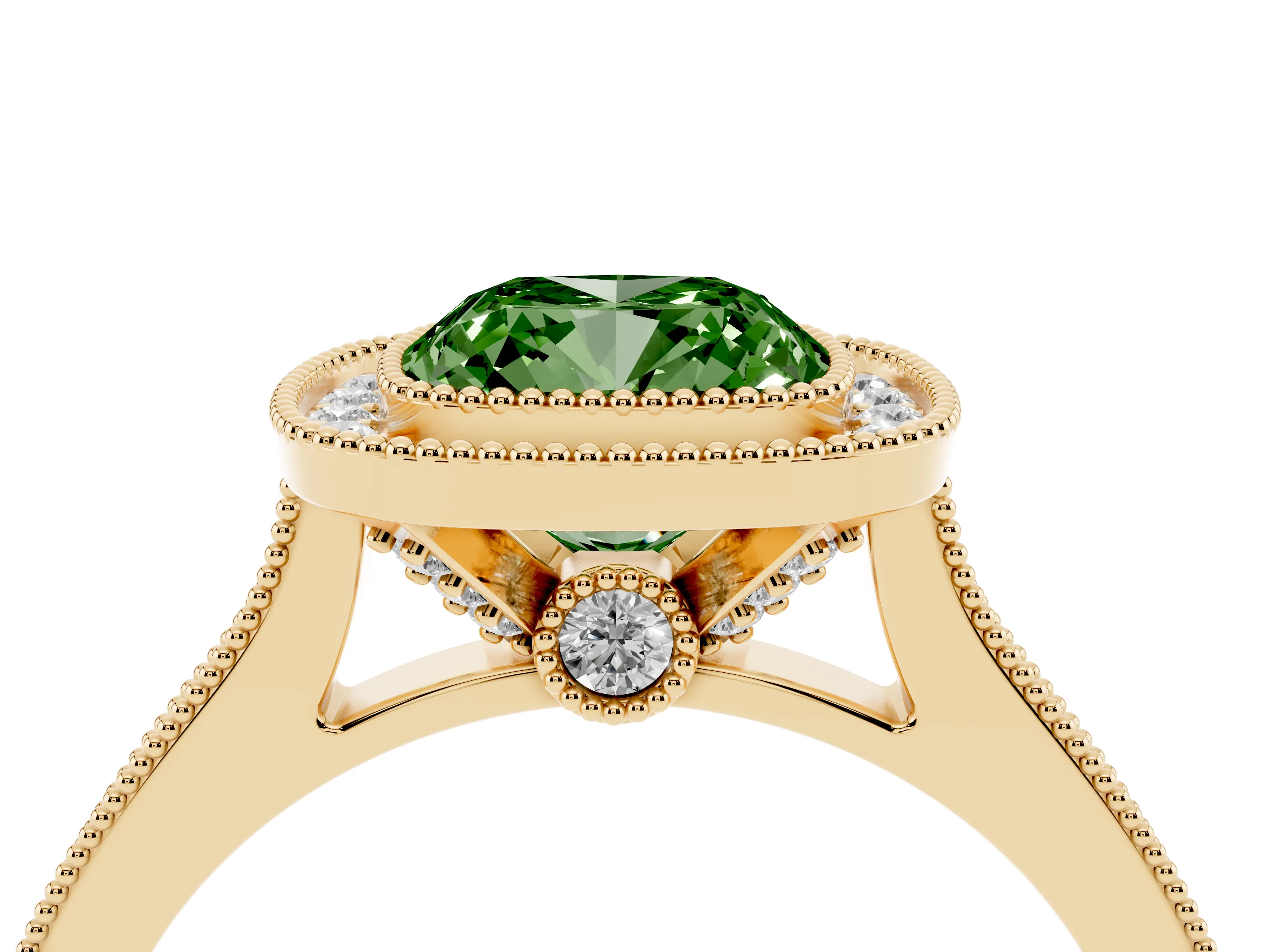 Fancy Green Cushion Cut Diamond Halo Milgrain Pavé Band Ring Set in Yellow gold with Prong Setting