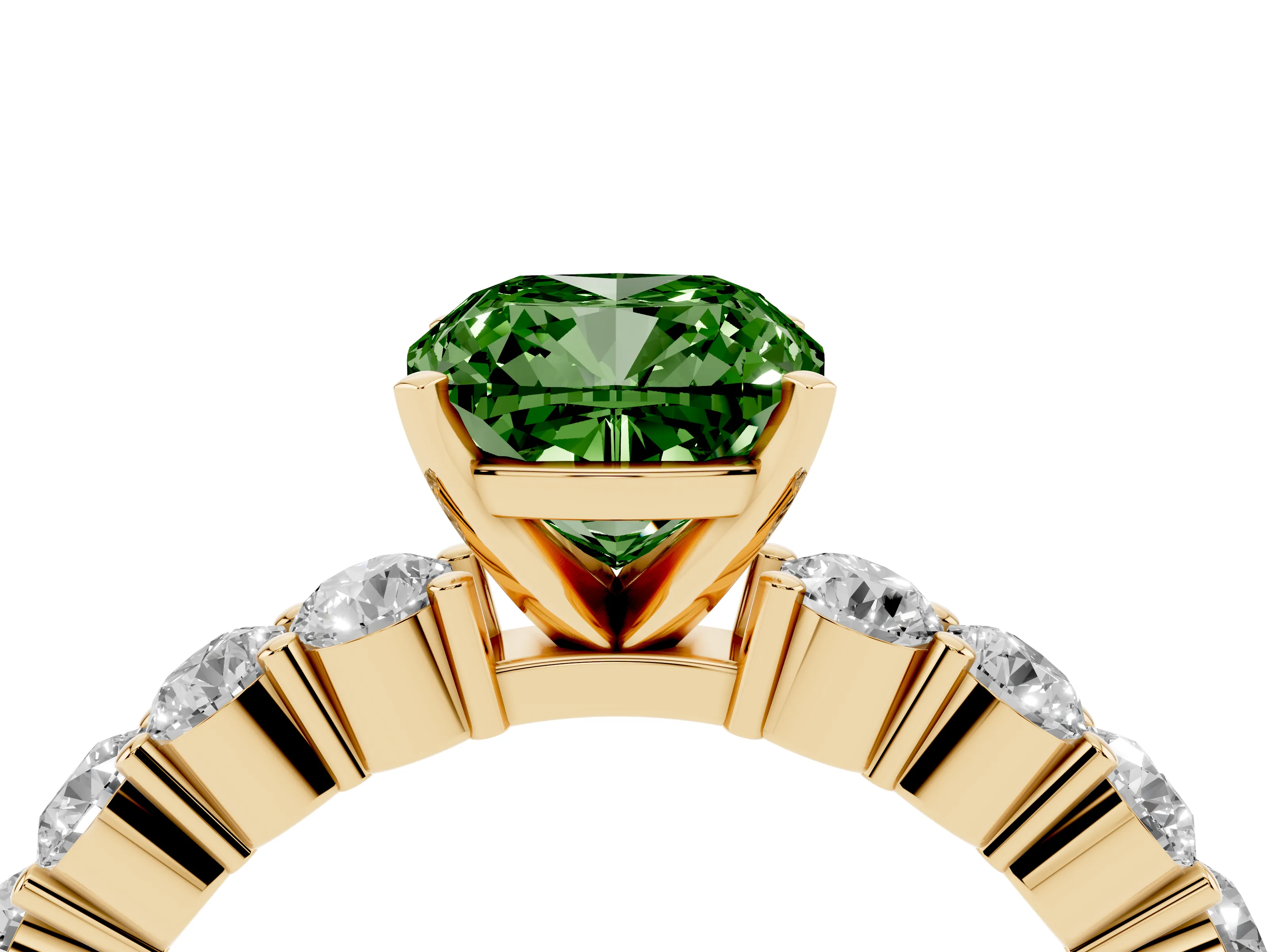 Fancy Green Cushion Cut Diamond Solitaire Ring Set in Yellow gold with Shared Prong Round Side Stones