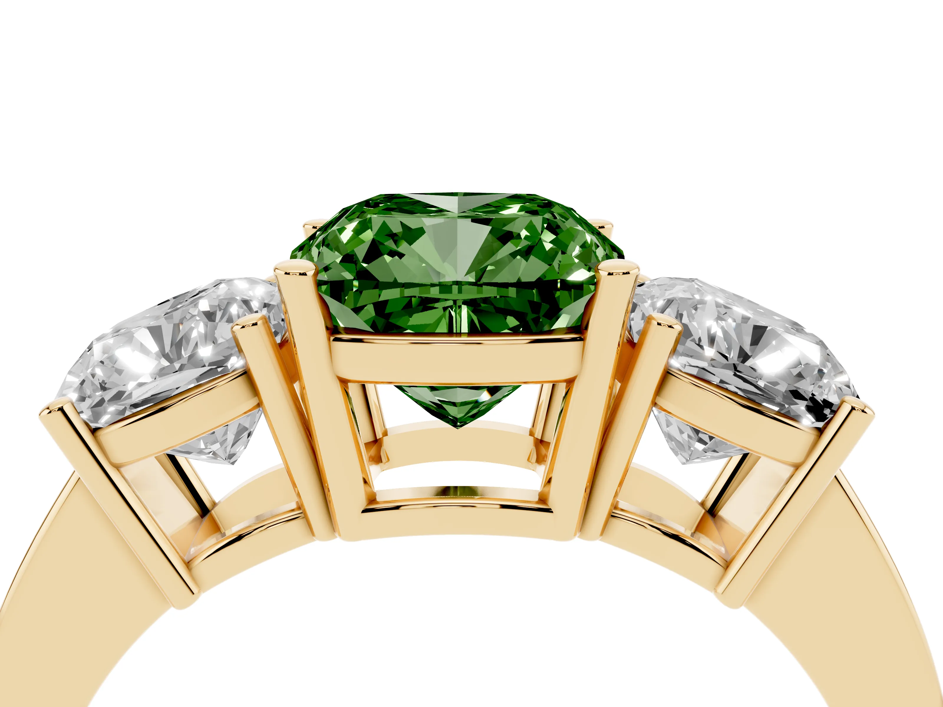 Fancy Green Cushion Cut Diamond Three-Stone Engagement Ring Set in Yellow gold with Flat Band