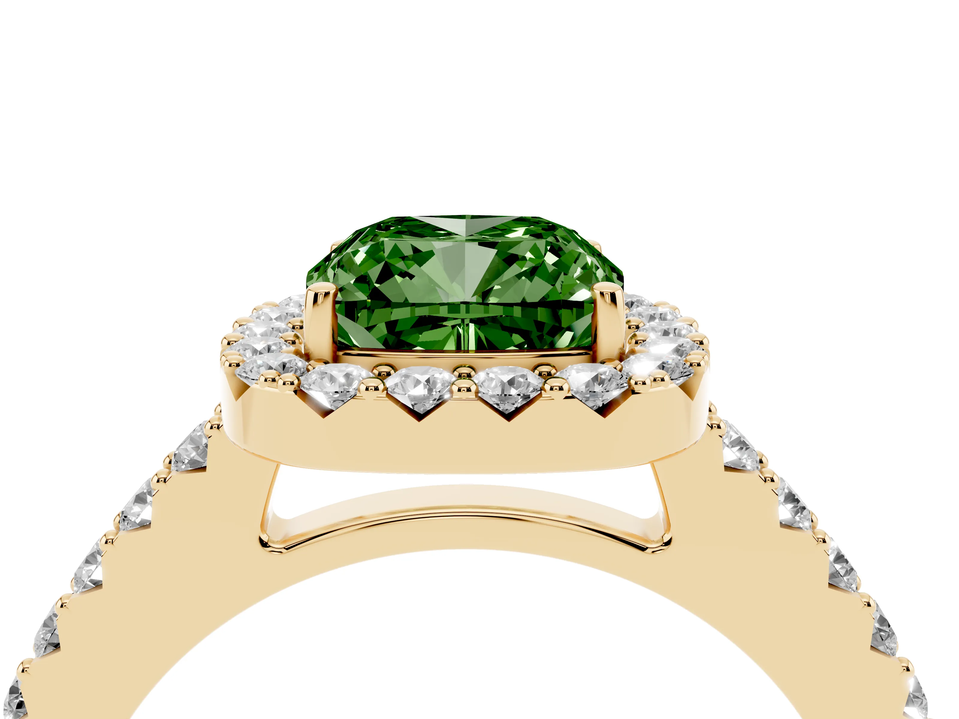 Fancy Green Cushion Cut Diamond Halo Pavé Solitaire Ring Set in Yellow gold with Prong-Set Center Stone