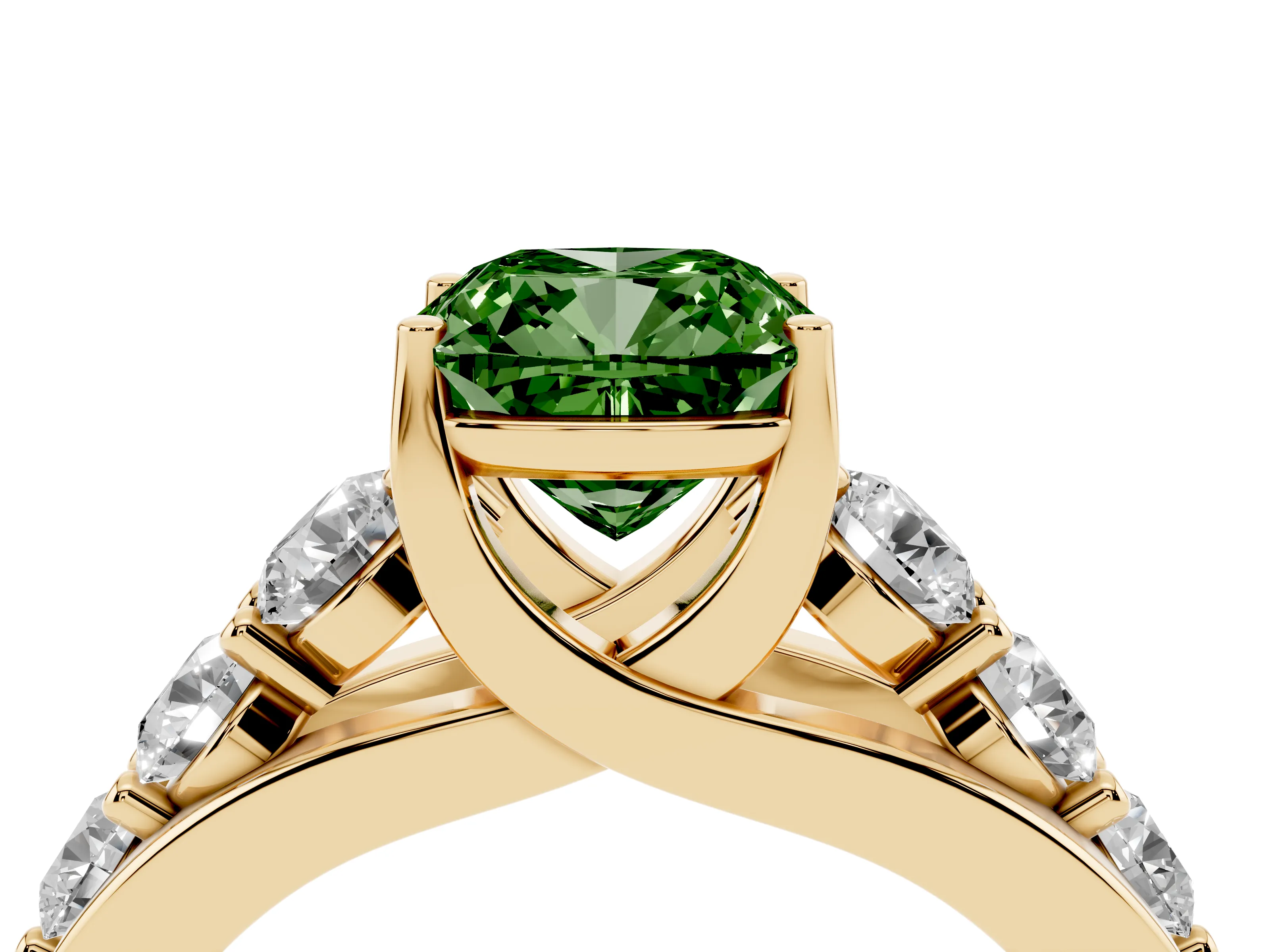 Fancy Green Cushion Cut Diamond Pavé Engagement Ring Set in Yellow gold with Prong Setting