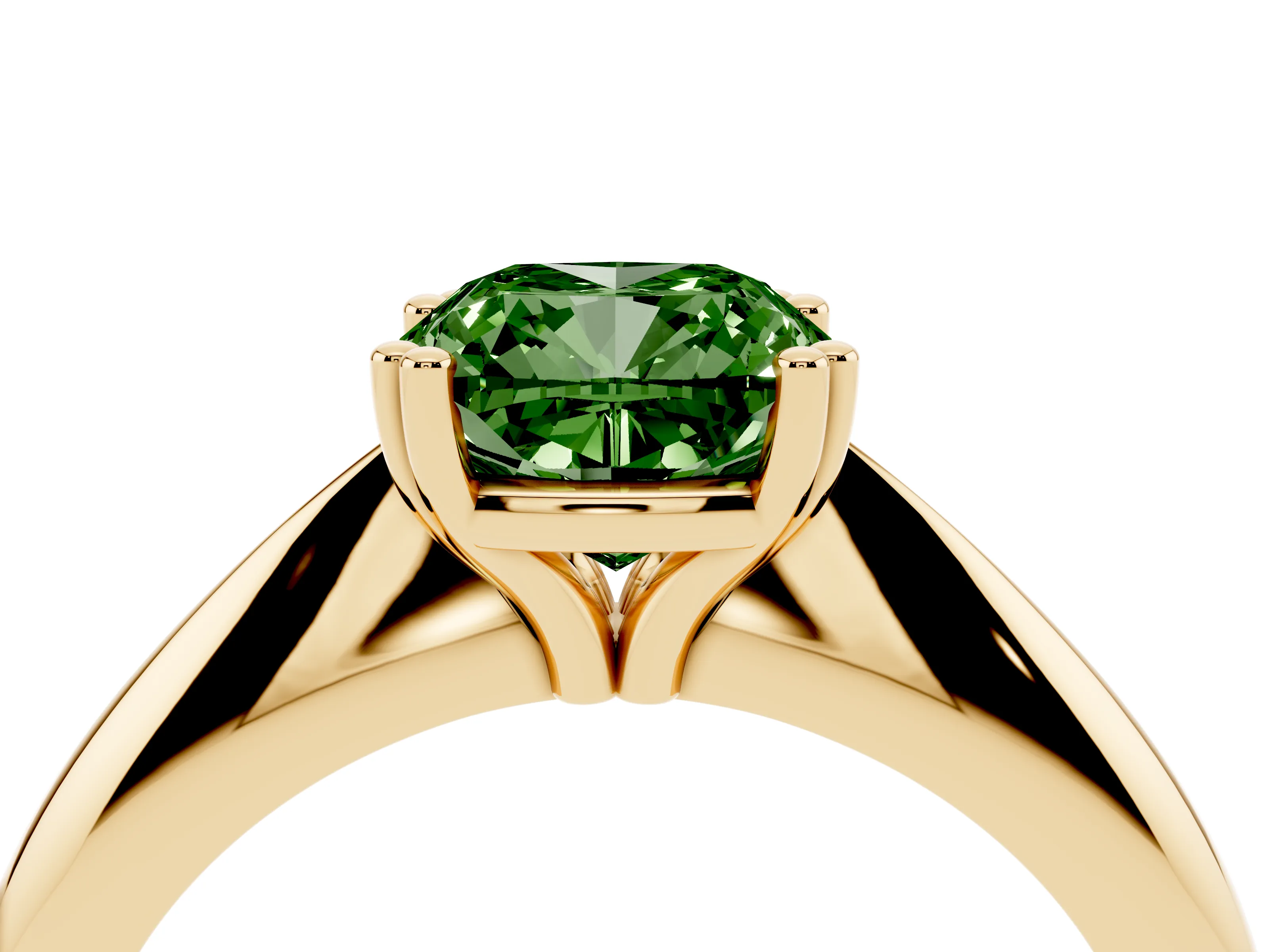Fancy Green Cushion Cut Diamond Solitaire Engagement Ring Set in Yellow gold with Tapered Band and Prong Setting