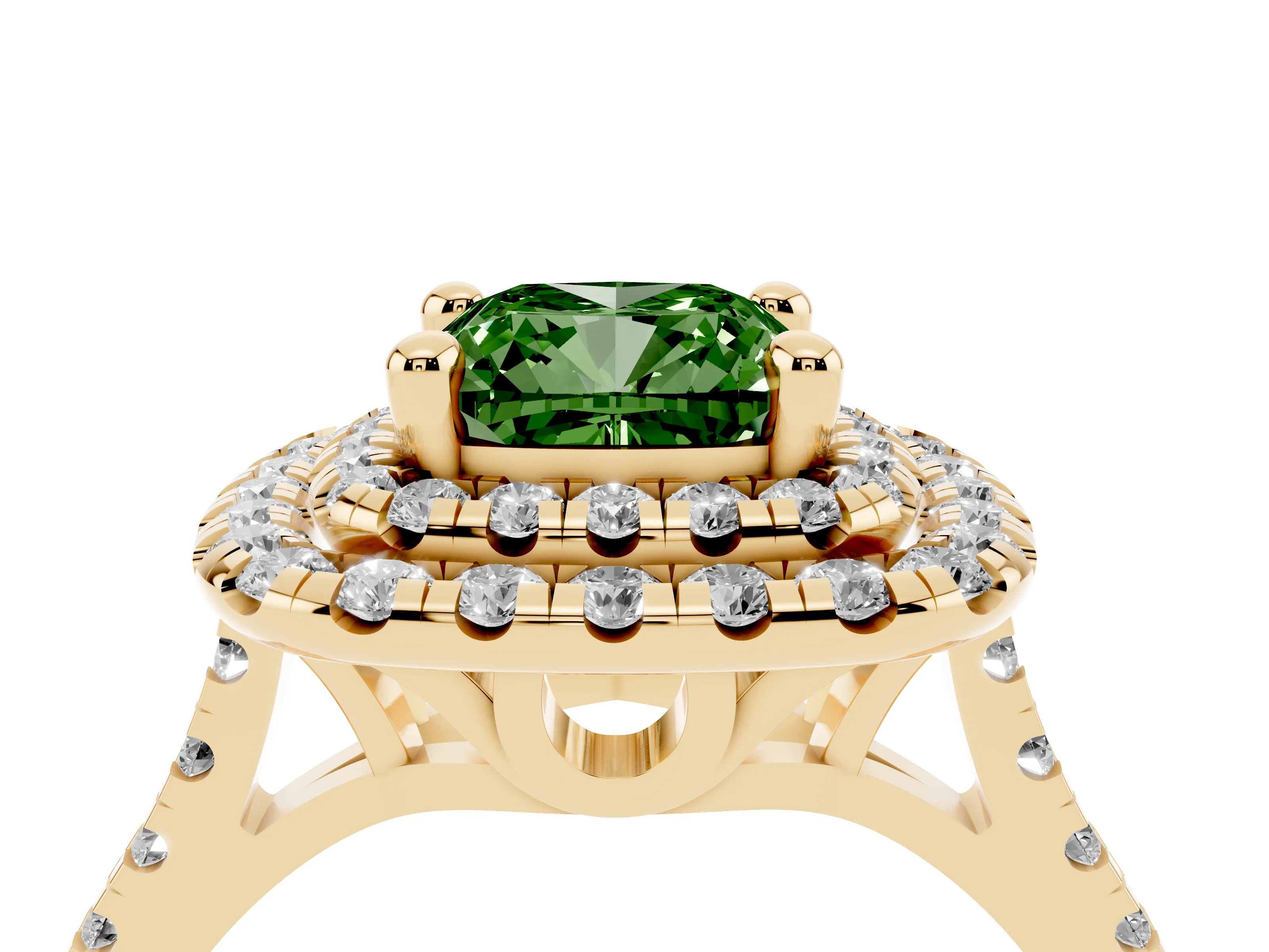 Fancy Green Cushion Cut Diamond Double Halo Statement Ring Set in Yellow gold with Pavé Band