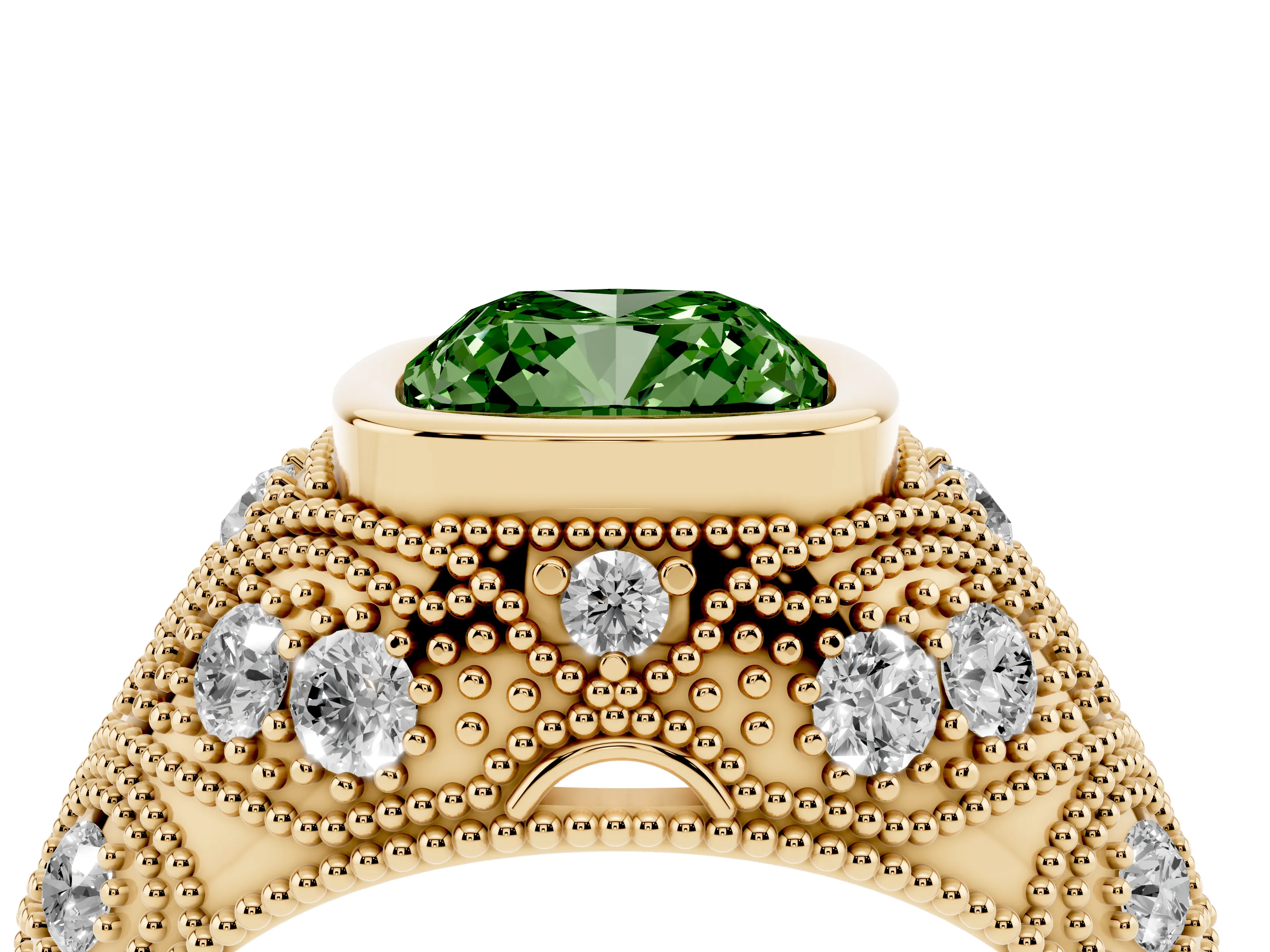 Fancy Green Cushion Cut Diamond Bezel Ring Set in Yellow gold with Milgrain Accent Band