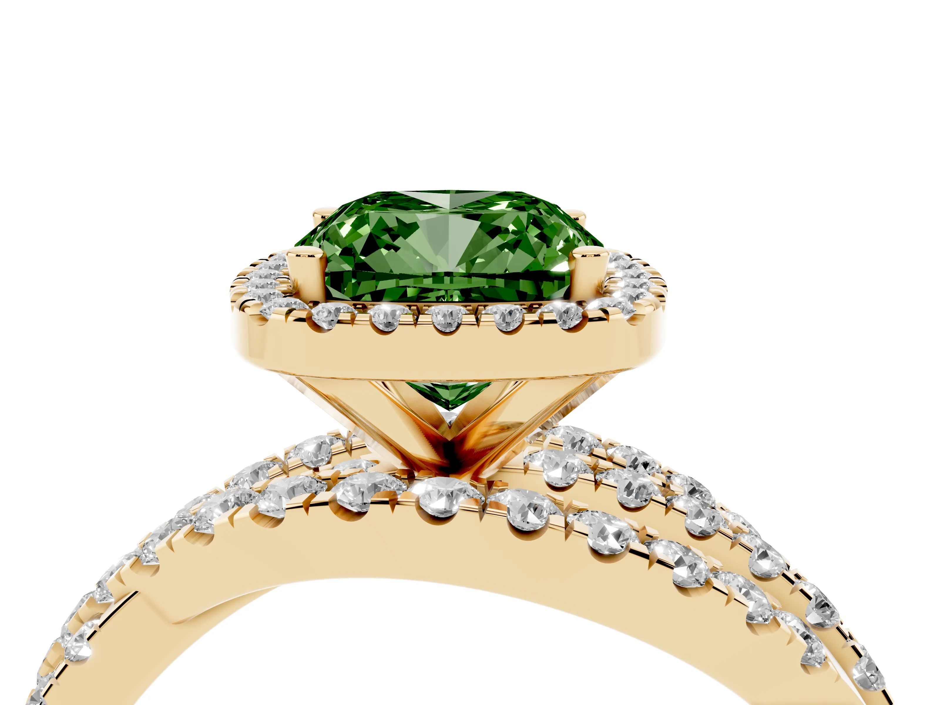 Fancy Green Cushion Cut Diamond Halo Ring Set in Yellow gold with Round Crossover Split Shank and Prong Setting