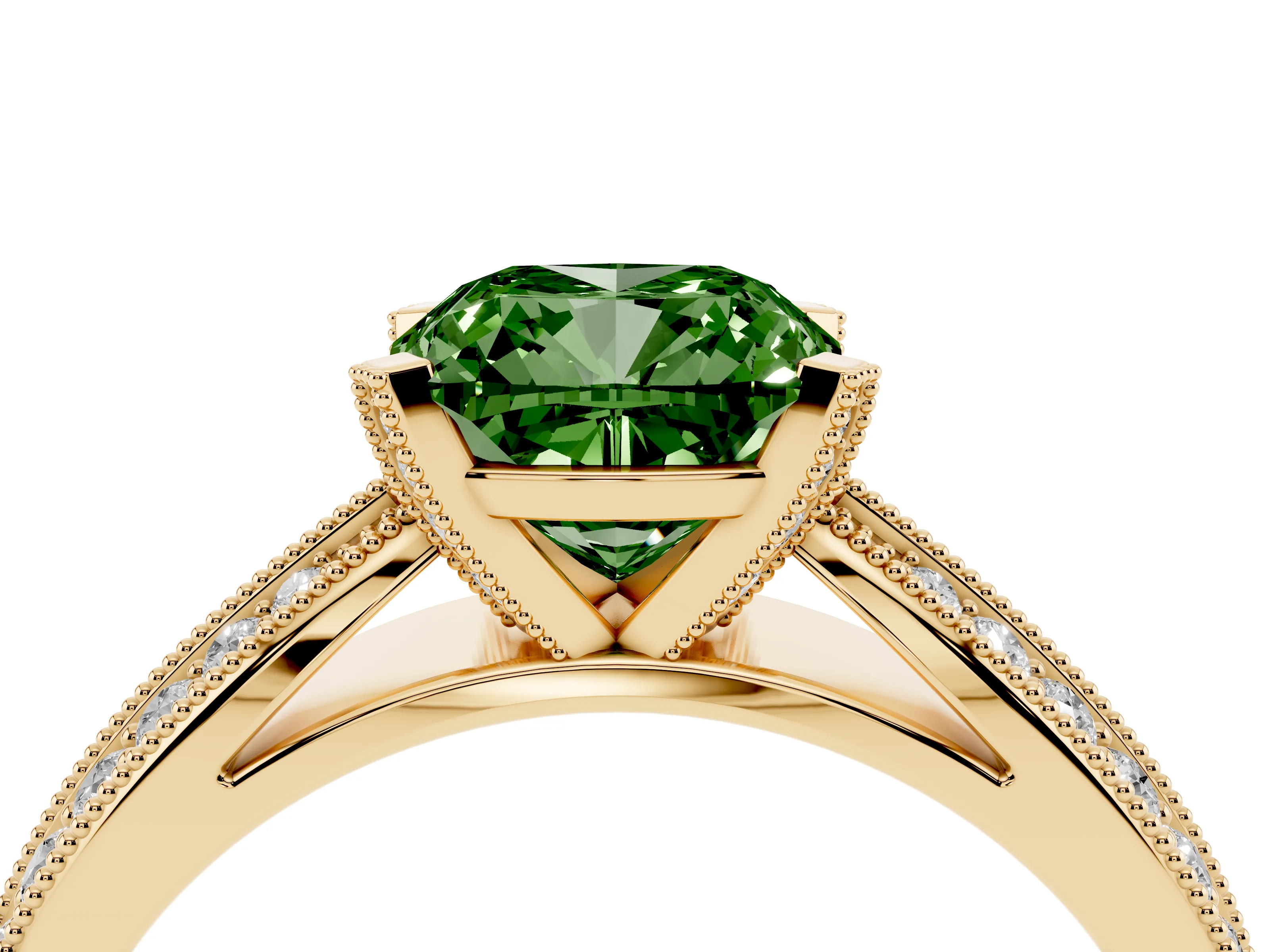 Fancy Green Cushion Cut Diamond Solitaire Ring Set in Yellow gold with Milgrain Double Row Round Pavé Band