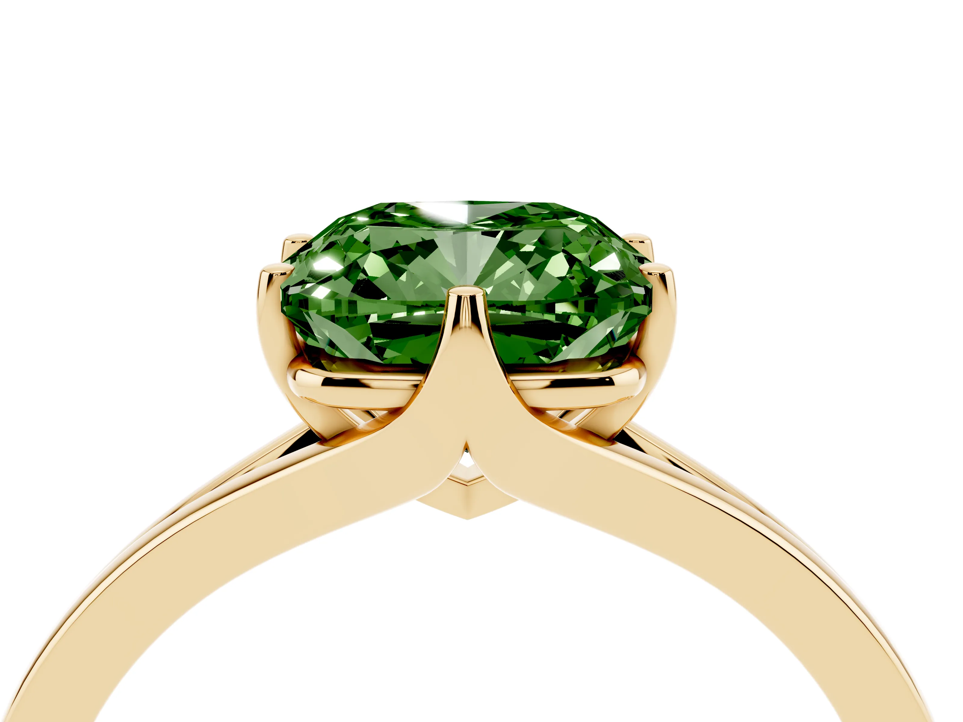 Fancy Green Cushion Cut Diamond Solitaire Ring Set in Yellow gold with Polished Tapered Band and Prong Setting