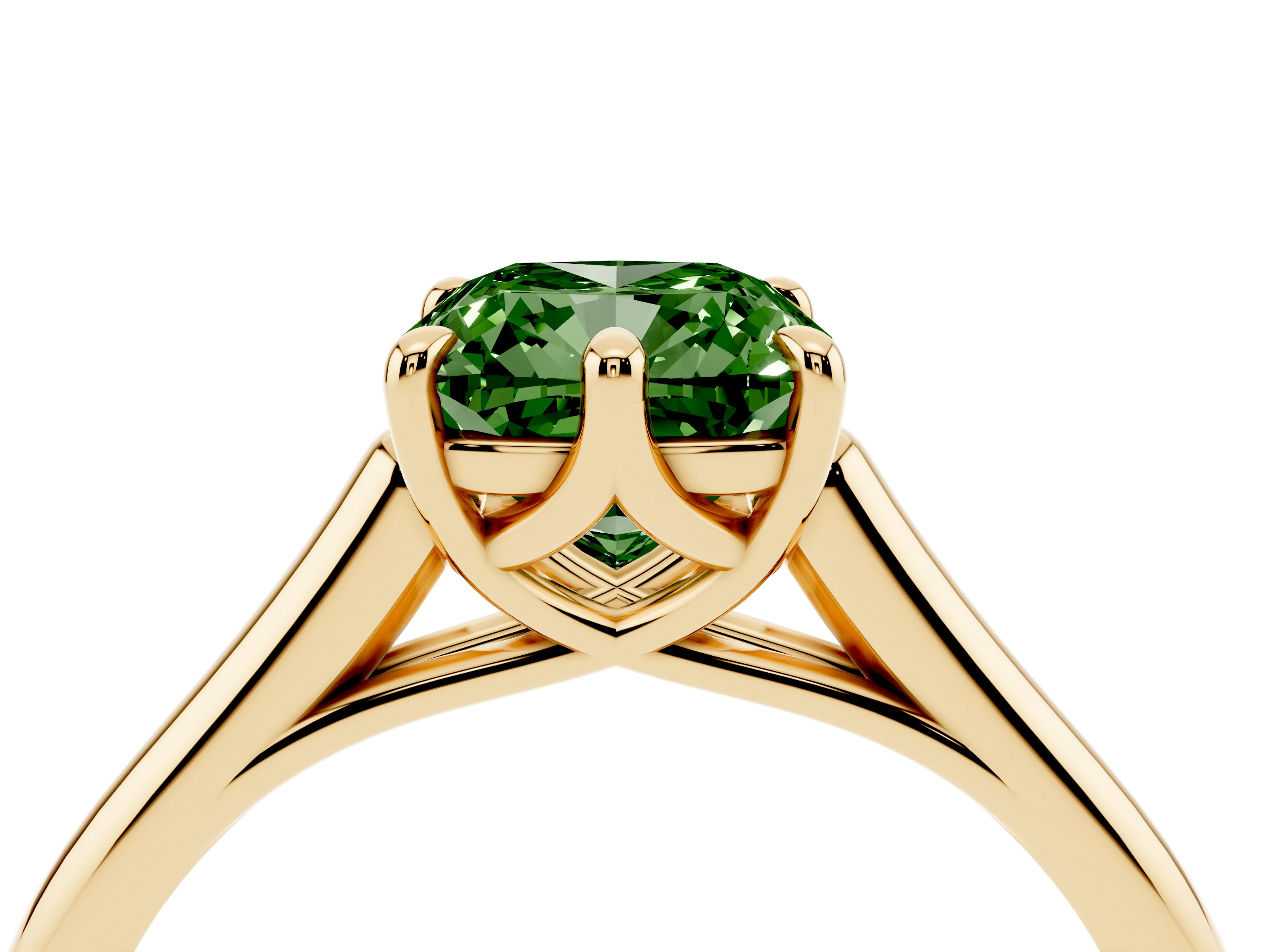 Fancy Green Cushion Cut Diamond Solitaire Engagement Ring Set in Yellow gold with Prong Setting and Plain Classic Band