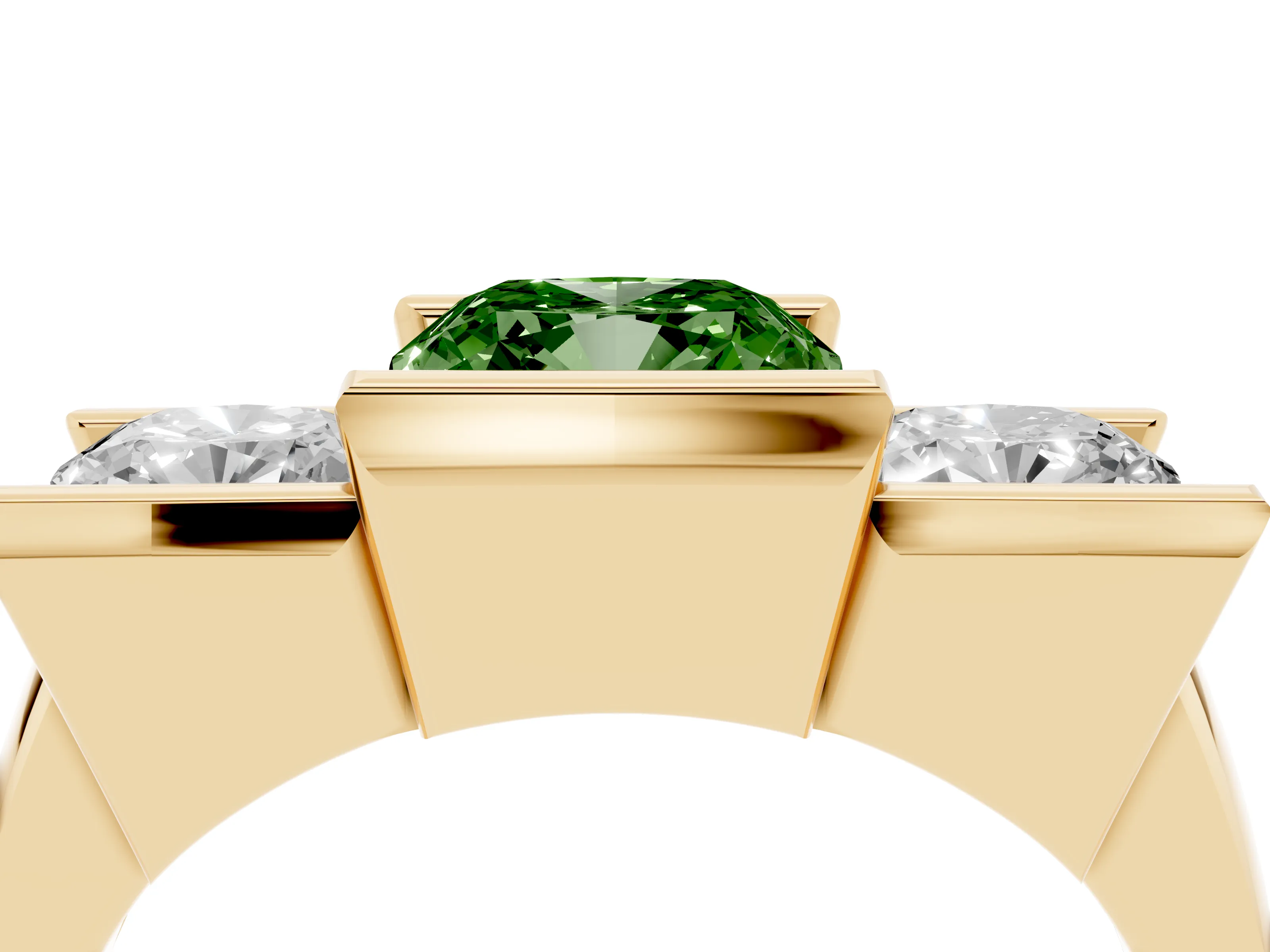 Fancy Green Cushion Cut Diamond Three-Stone Channel Set Ring Set in Yellow gold with Smooth Polished Band