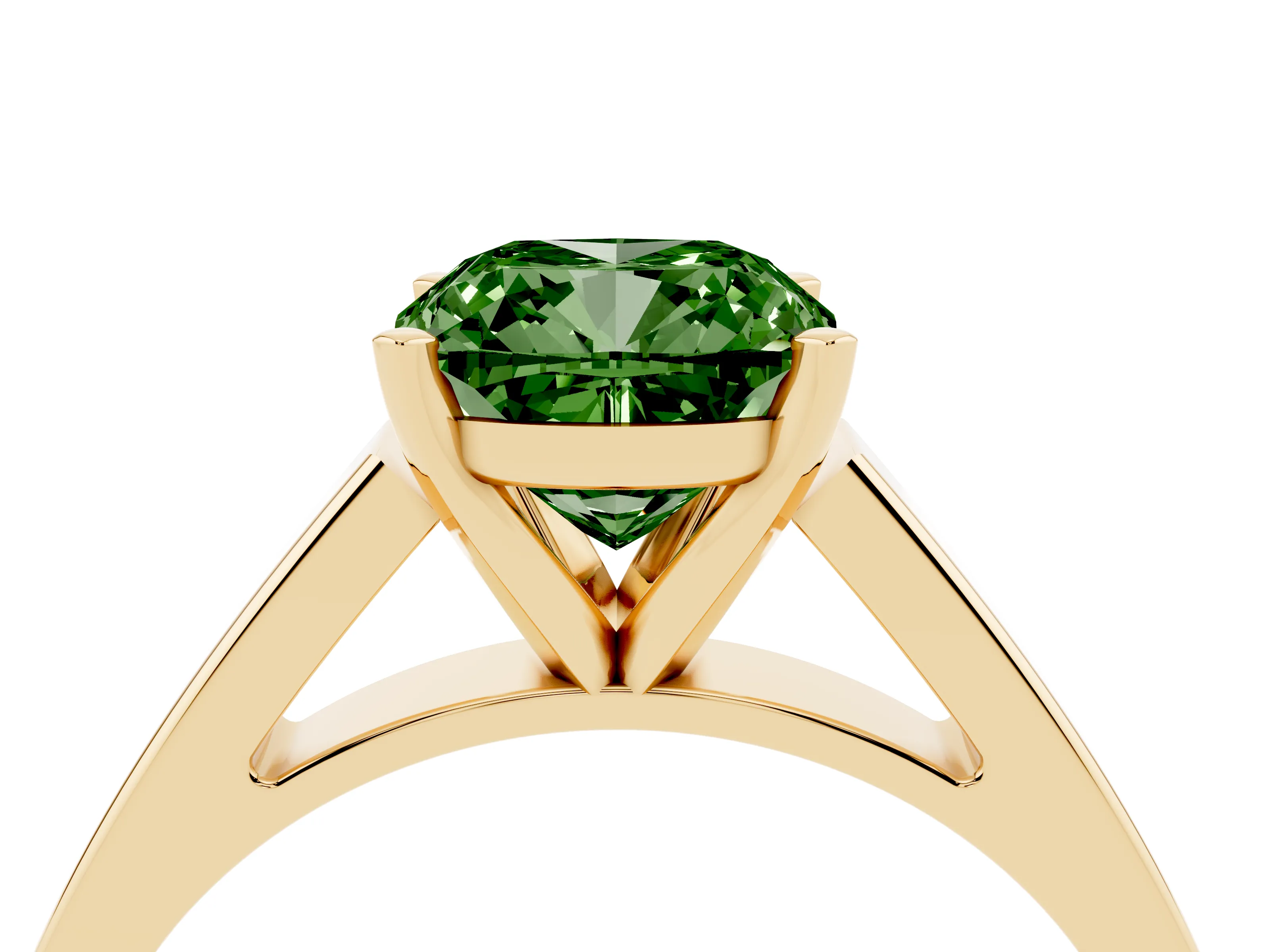 Fancy Green Cushion Cut Diamond Solitaire Engagement Ring Set in Yellow gold with Prong Setting and Tapered Band