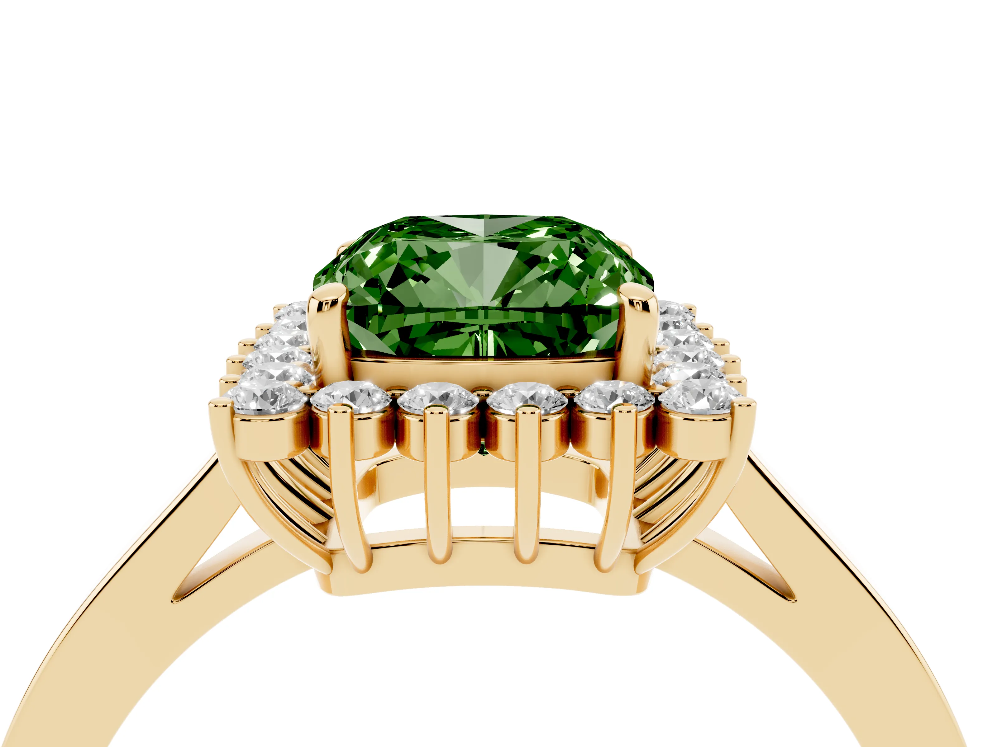 Fancy Green Cushion Cut Diamond Halo Ring Set in Yellow gold with Round Halo and Smooth Solitaire Band