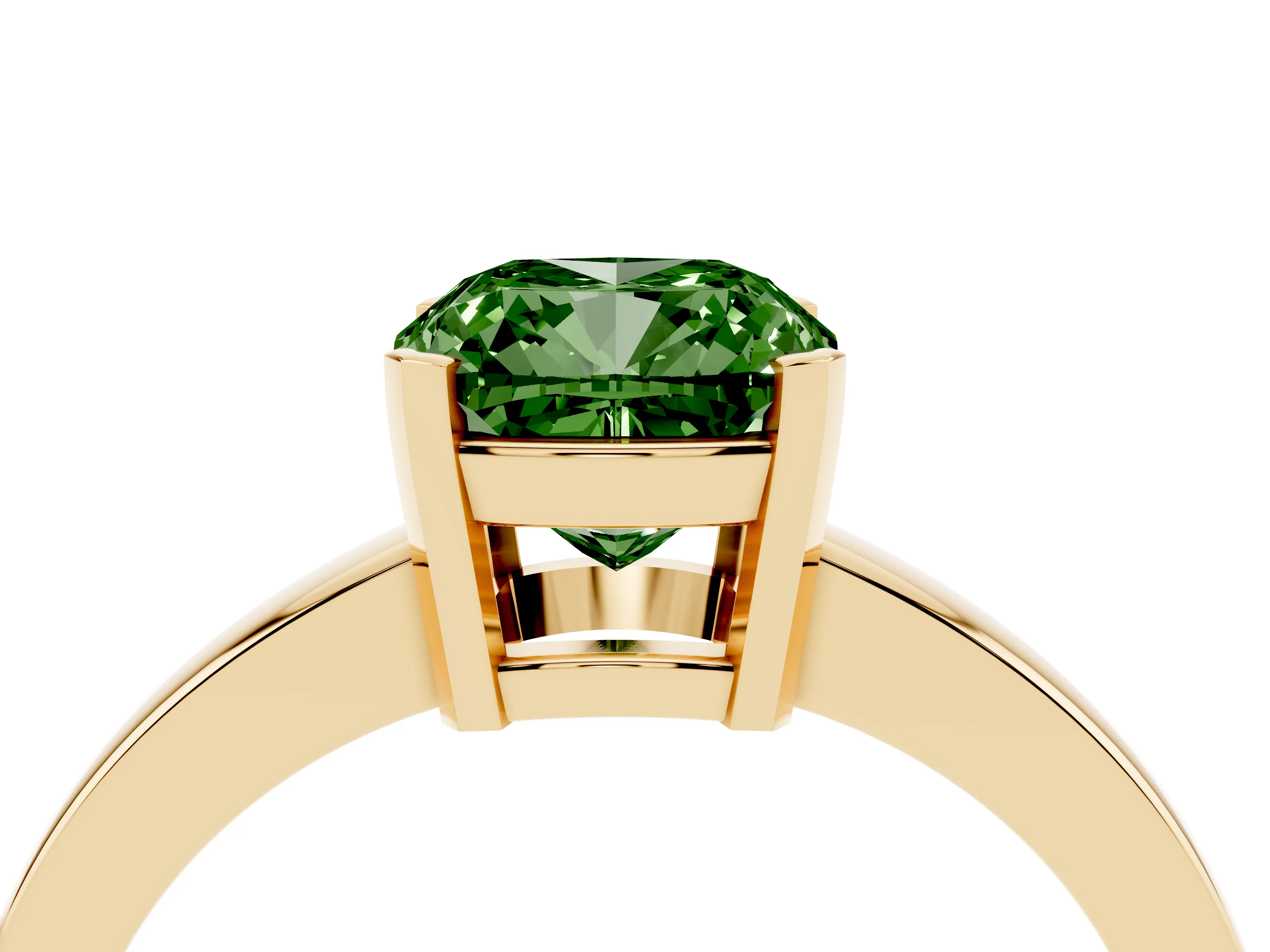 Fancy Green Cushion Cut Diamond Solitaire Ring Set in Yellow gold with Prong Head and Smooth Polished Band